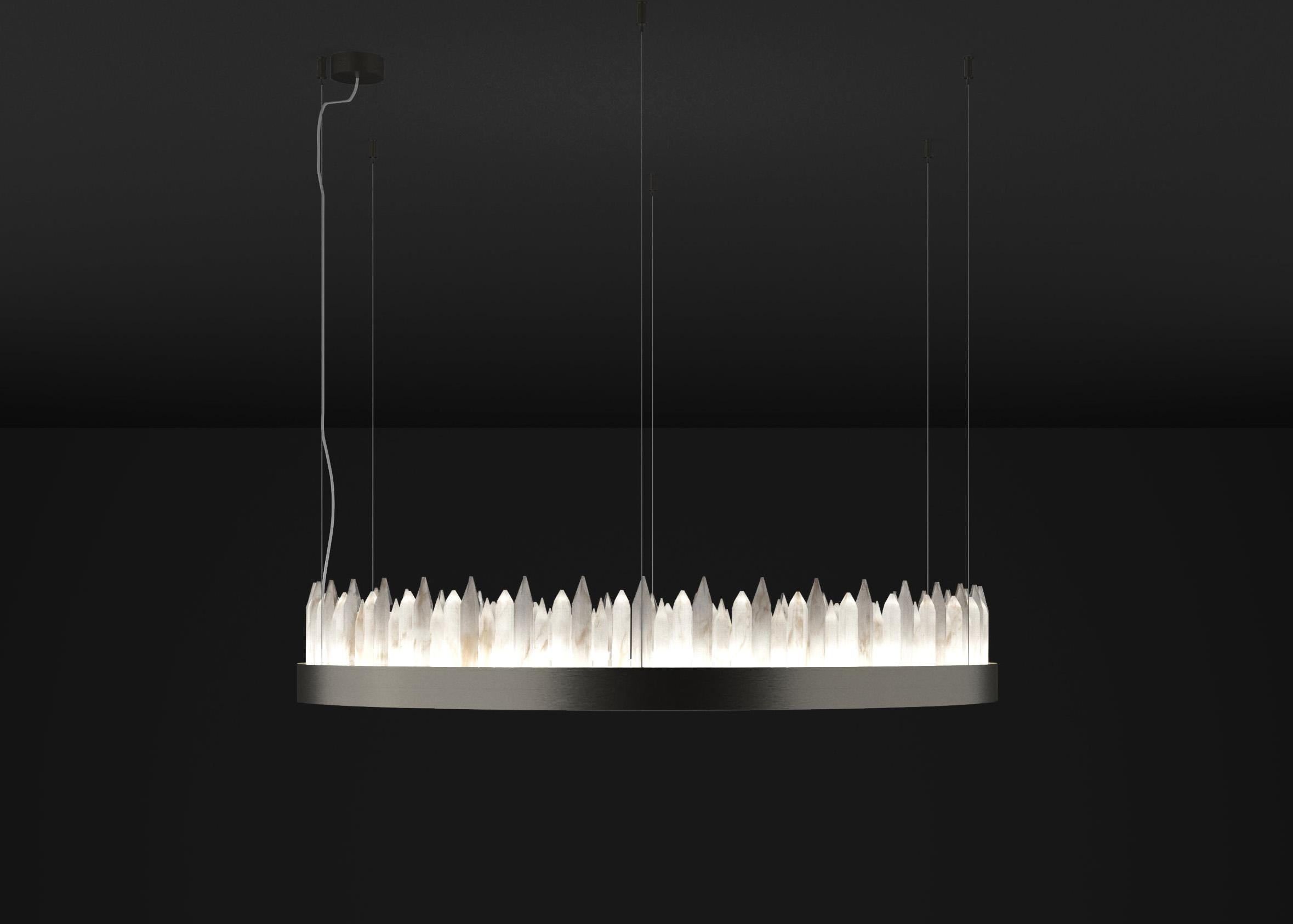 Urano Brushed Black 60 Pendant Light 3 by Alabastro Italiano
Dimensions: Ø 60 x H 20 cm.
Materials: Glass and brushed black metal.

2 Strip LED, 81 Watt, 8121 Lumen, 24 V, 3000 K, Wiring CE.

Available in different sizes: Ø 60, Ø 80, Ø 100 and Ø 120