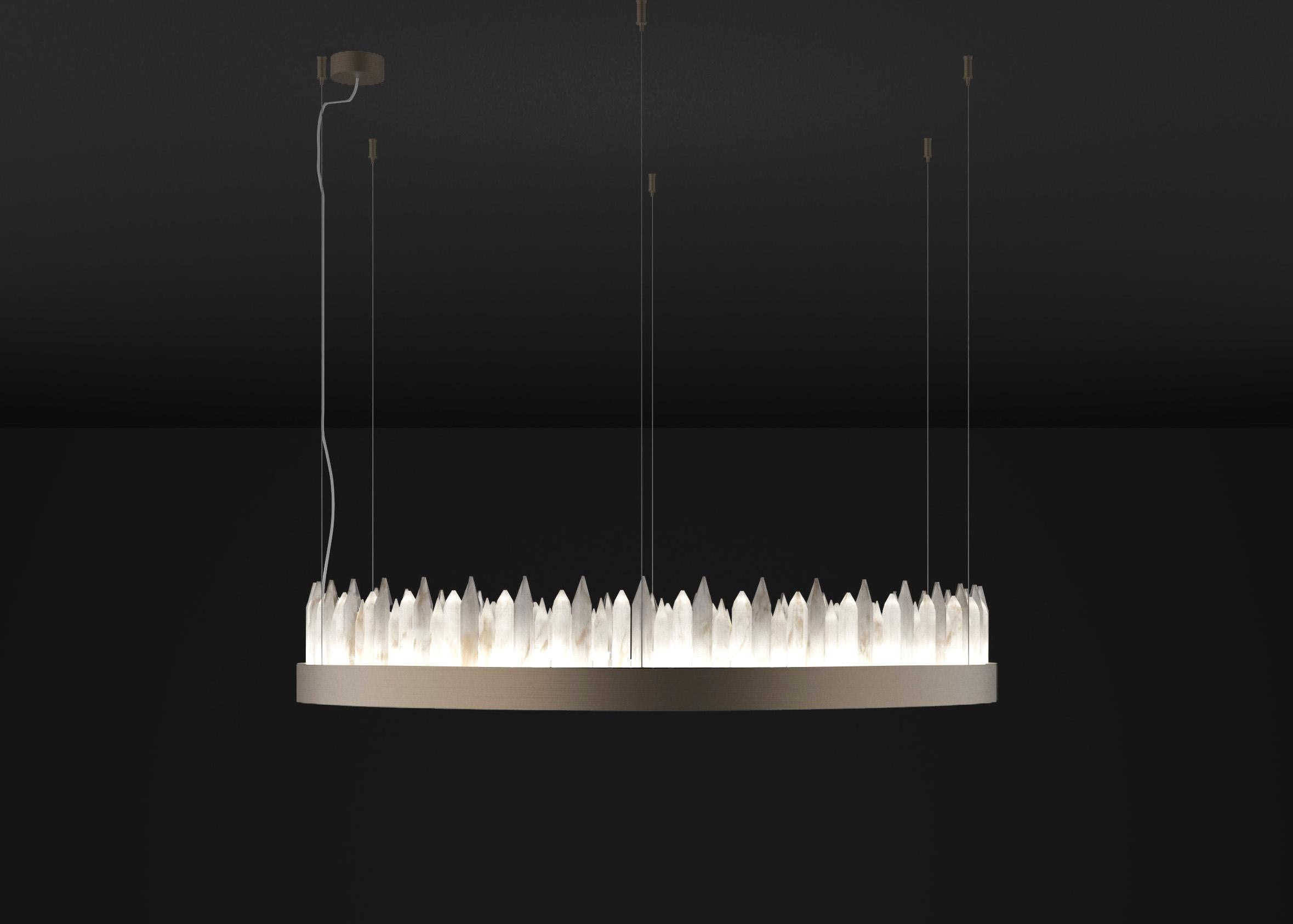 Urano Brushed Brown 80 Pendant Light 3 by Alabastro Italiano
Dimensions: Ø 80 x H 20 cm.
Materials: Glass and brushed brown metal.

2 Strip LED, 108 Watt,  10843 Lumen, 24 V, 3000 K, Wiring CE.

Available in different sizes: Ø 60, Ø 80, Ø 100 and Ø
