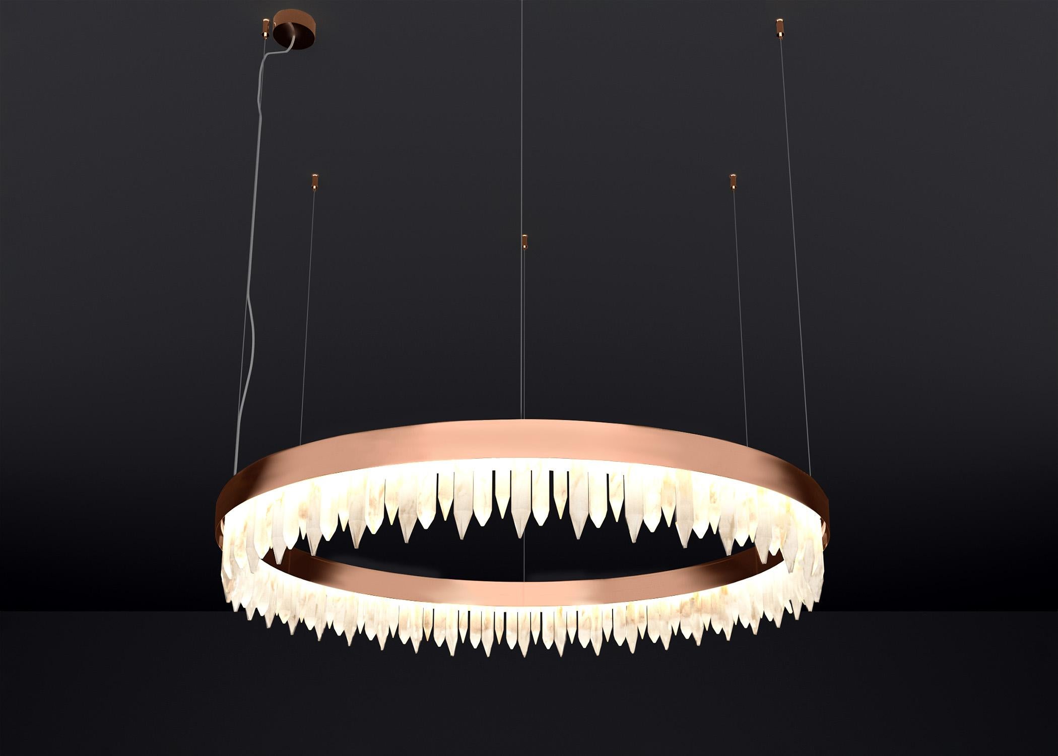 Urano Copper 80 Pendant Light 1 by Alabastro Italiano
Dimensions: Ø 80 x H 20 cm.
Materials: Glass and copper.

2 x Strip LED, 108 Watt 10843 Lumen, 24 V, 3000 K.

Available in different sizes: Ø 60, Ø 80, Ø 100 and Ø 120 cm. 
Available in
