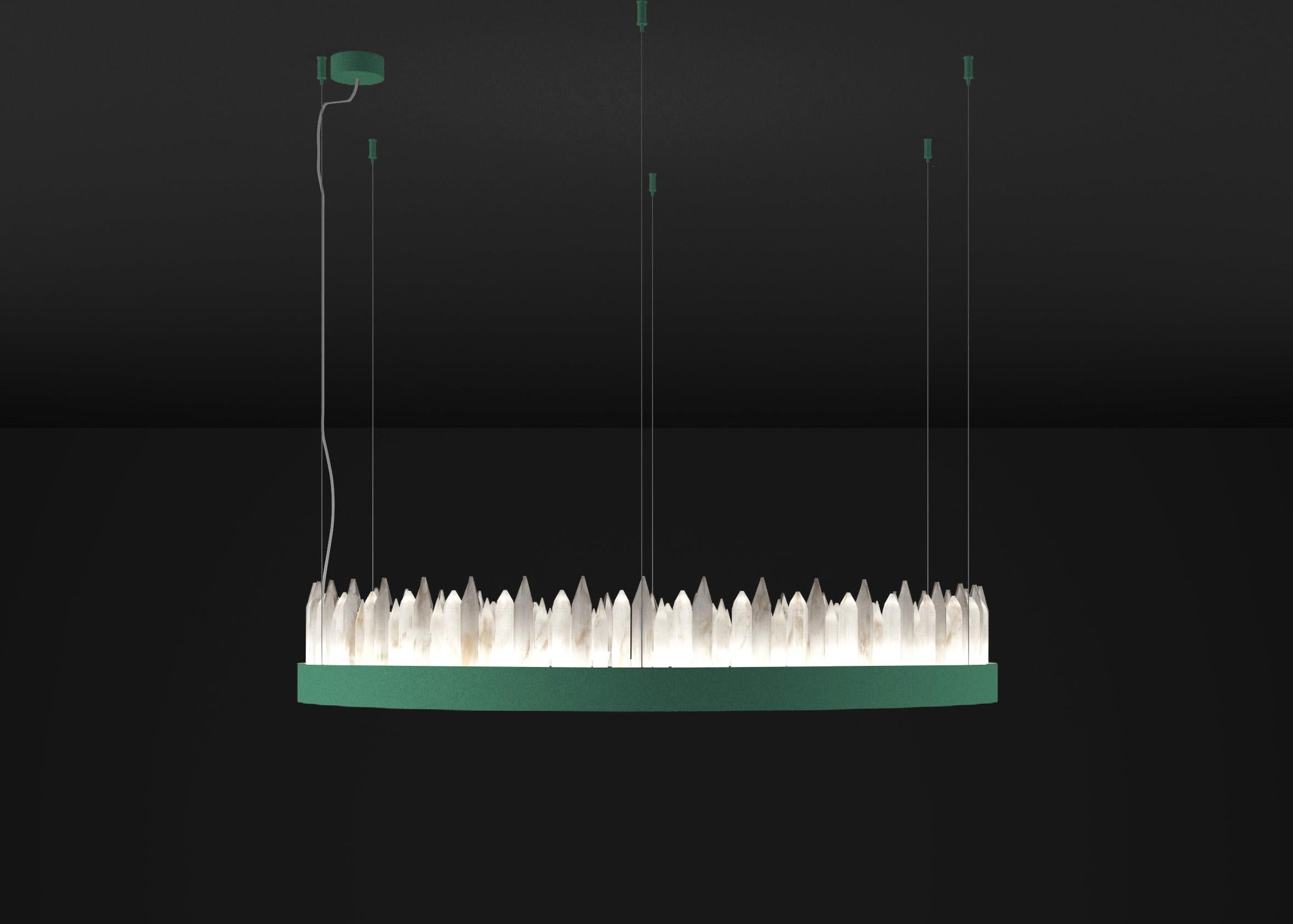 Urano Freedom Green 100 Pendant Light 2 by Alabastro Italiano
Dimensions: Ø 100 x H 20 cm.
Materials: Glass and freedom green metal.

Available in different sizes: Ø 60, Ø 80, Ø 100 and Ø 120 cm. 
Available in different finishes: Shiny Silver,