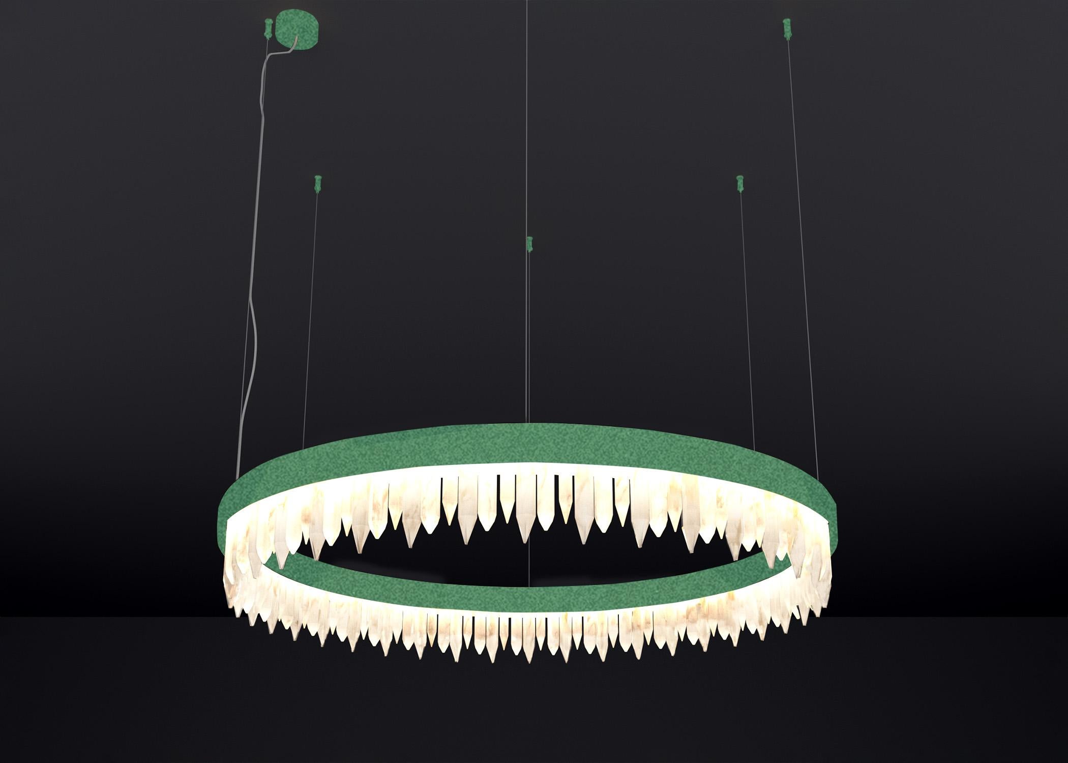 Urano Freedom Green 80 Pendant Light 1 by Alabastro Italiano
Dimensions: Ø 80 x H 20 cm.
Materials: Glass and green painted metal.

2 x Strip LED, 108 Watt 10843 Lumen, 24 V, 3000 K.

Available in different sizes: Ø 60, Ø 80, Ø 100 and Ø 120