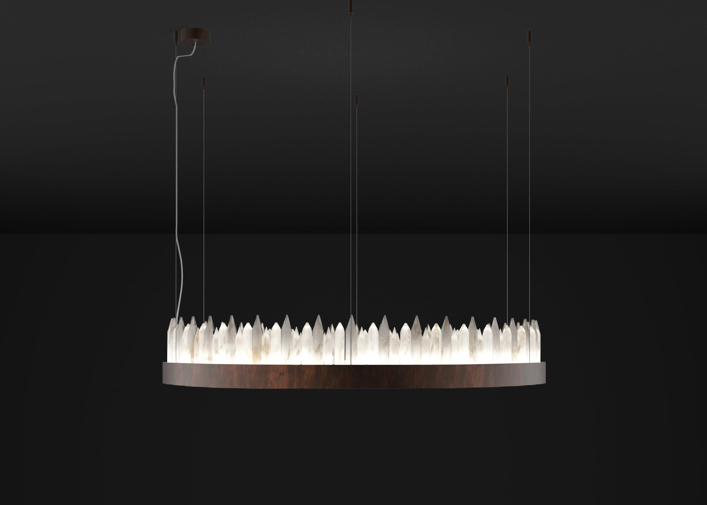 Urano Ruggine of Florence 100 Pendant Light 2 by Alabastro Italiano
Dimensions: Ø 100 x H 20 cm.
Materials: Glass and Ruggine of Florence metal.

Available in different sizes: Ø 60, Ø 80, Ø 100 and Ø 120 cm. 
Available in different finishes: Shiny