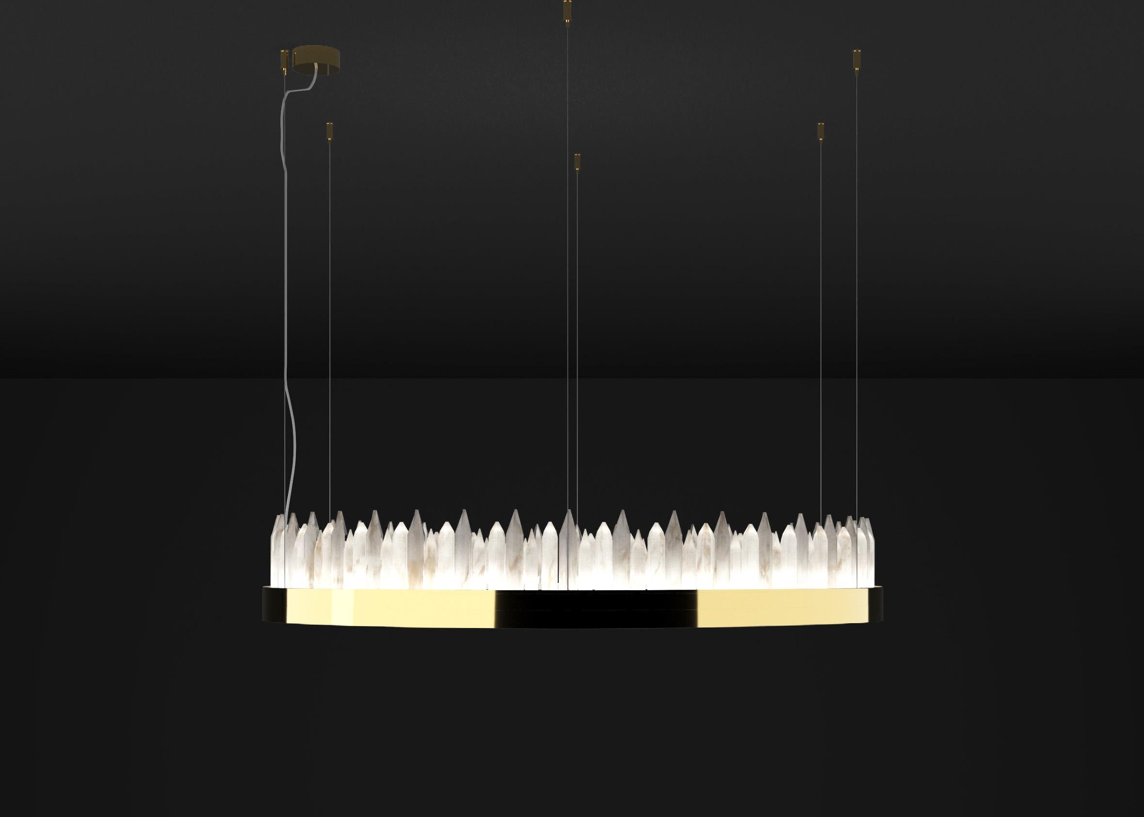 Urano Shiny Gold 120 Pendant Light 3 by Alabastro Italiano
Dimensions: Ø 120 x H 20 cm.
Materials: Glass and shiny gold metal.

2 x Strip LED, 162 Watt 16286 Lumen, 24 V, 3000 K.

Available in different sizes: Ø 60, Ø 80, Ø 100 and Ø 120 cm.