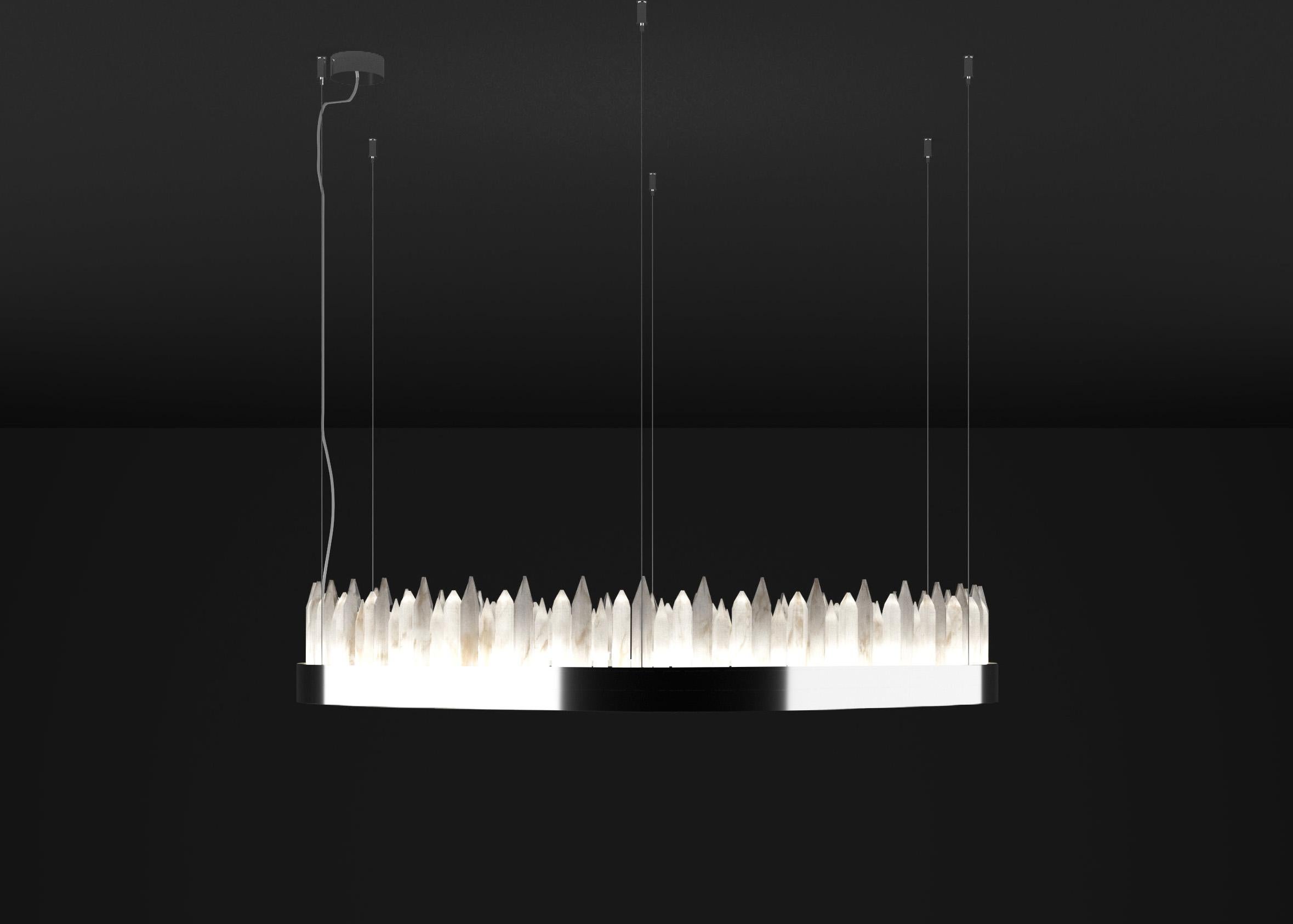 Urano Shiny Silver 120 Pendant Light 3 by Alabastro Italiano
Dimensions: Ø 120 x H 20 cm.
Materials: Glass and shiny silver metal.

2 x Strip LED, 162 Watt 16286 Lumen, 24 V, 3000 K.

Available in different sizes: Ø 60, Ø 80, Ø 100 and Ø 120 cm.