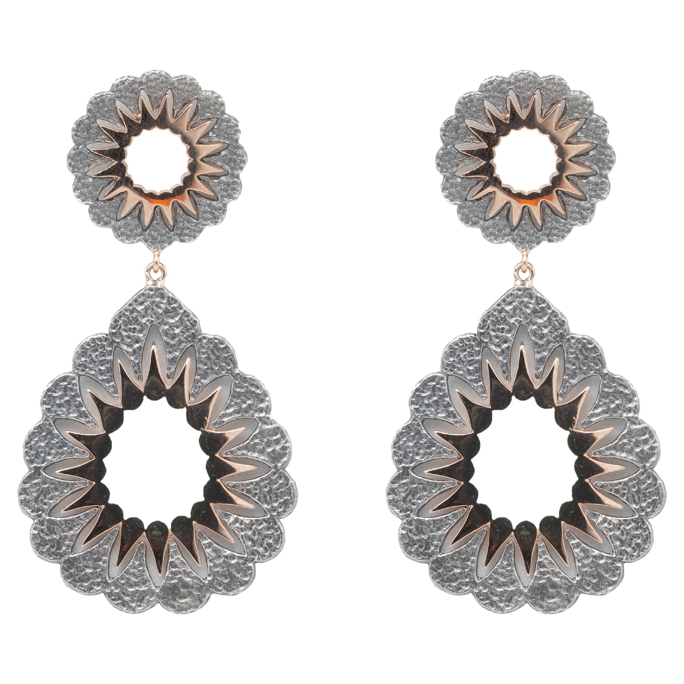 URART "NILES" 9k Rose Gold and Sterling Silver Nile Drop Pierced Earrings  For Sale