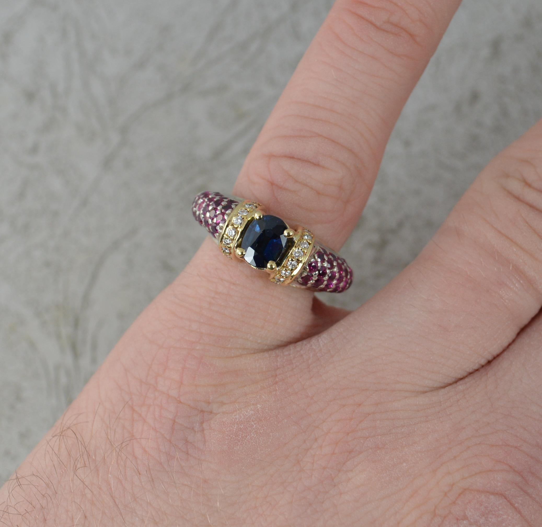 A striking Urart designer ring.
Modelled in solid 18 carat white gold with a yellow gold inner ring and head setting for the sapphire.
Designed with an oval cut blue sapphire to the centre, 5mm x 6.5mm approx. To each side runs a column of ten round
