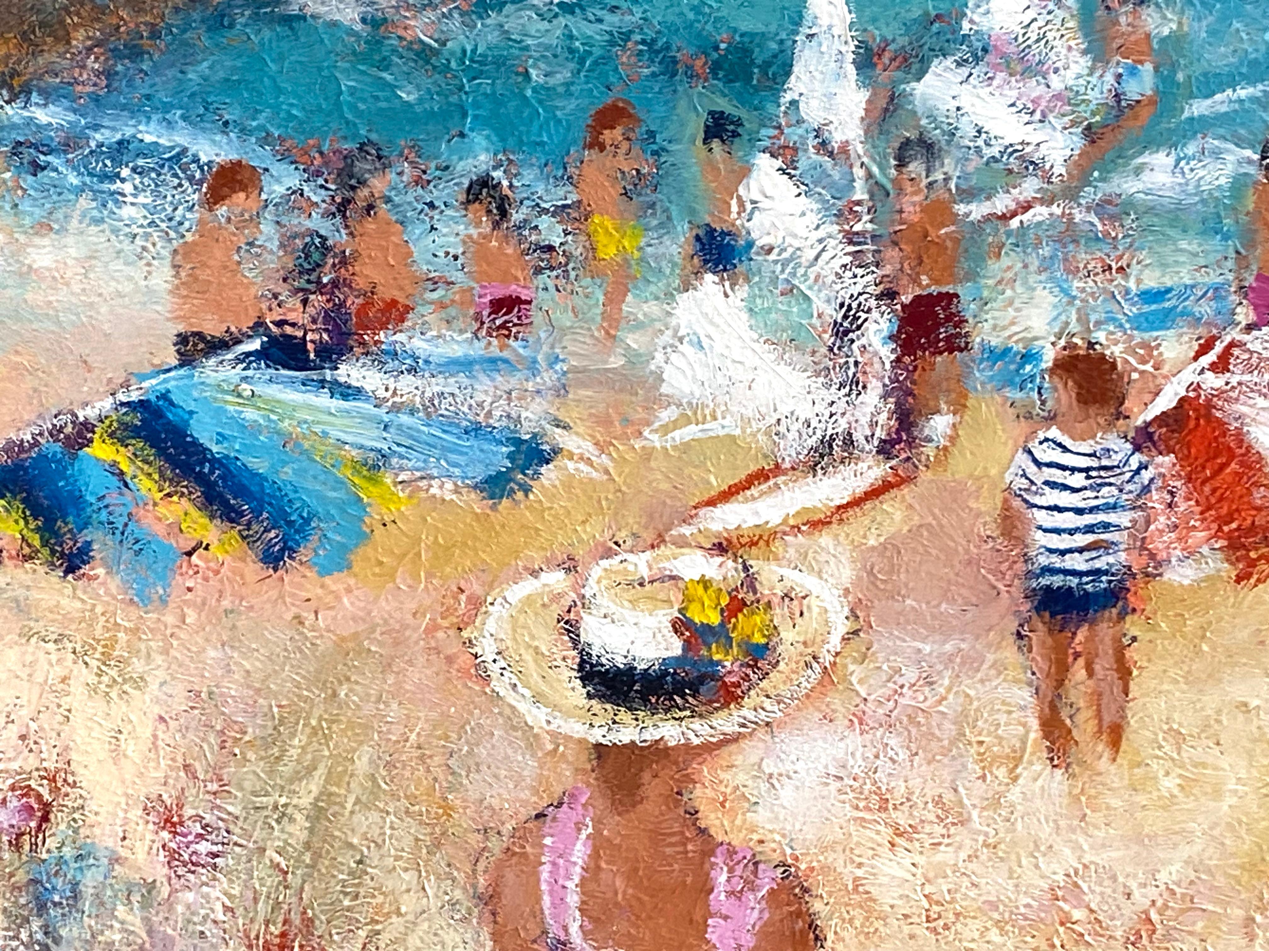 Beautiful major original work by the well known French artist Urbain Huchet.  Signed lower right.  Circa 1985.  The condition of the painting is excellent.  Huchet perfectly captures an idyllic day at the beach and the activities that encapsulate