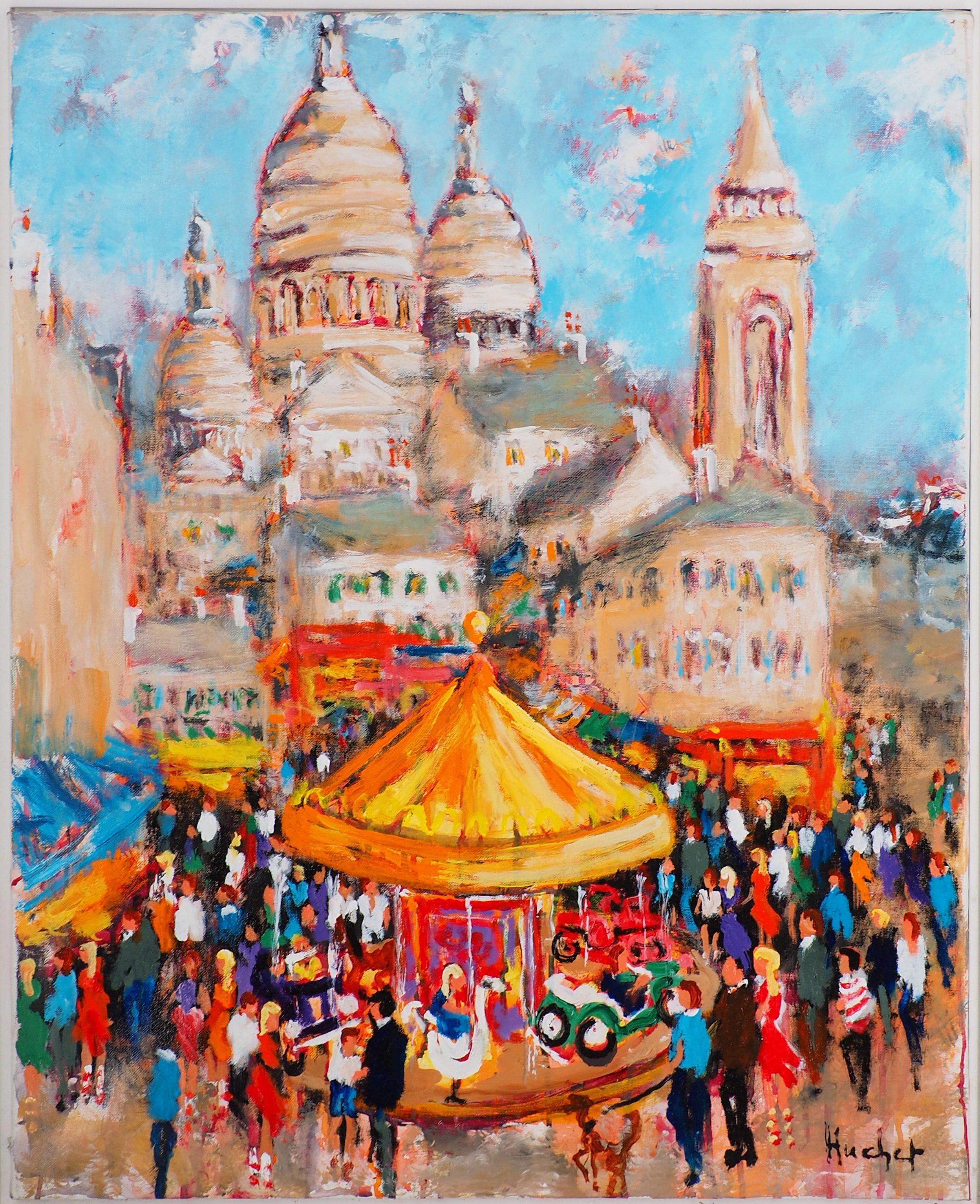 Paris : Fun Fair in Montmartre (Sacre Coeur) - Grande huile sur toile - Signé - Painting de Urbain Huchet