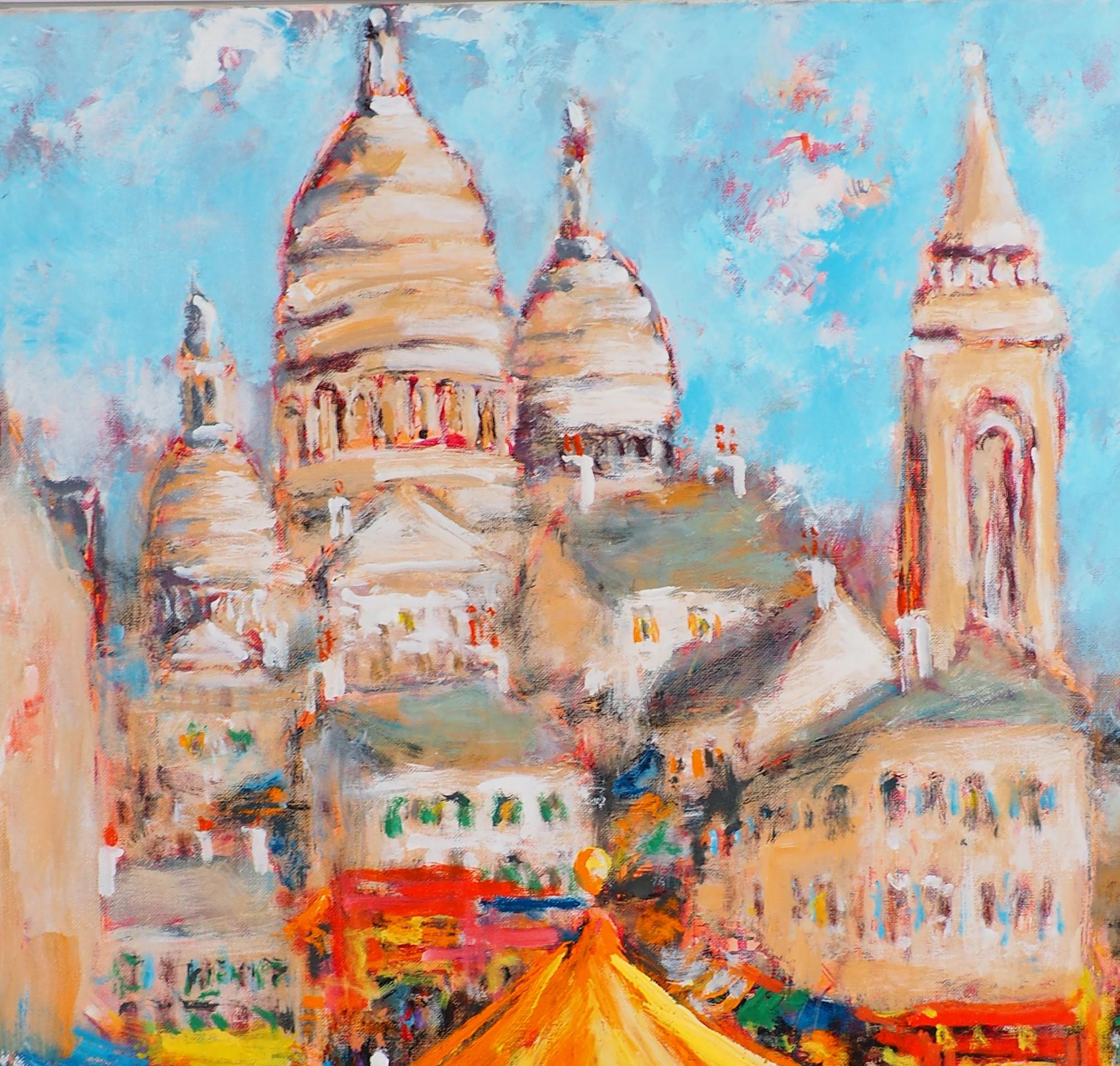París : Feria de atracciones en Montmartre (Sacre Coeur) - Óleo alto sobre lienzo - Firmado - Landscape Painting Gris de Urbain Huchet