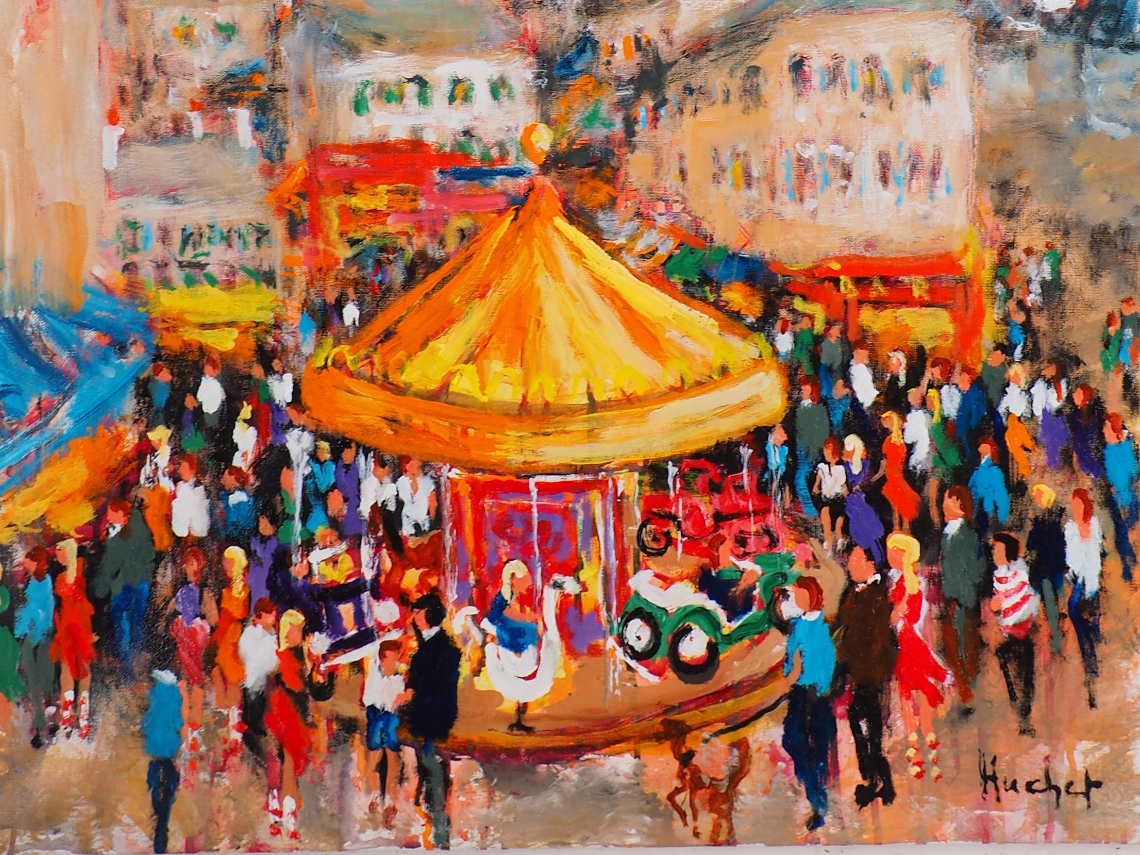Paris : Fun Fair in Montmartre (Sacre Coeur) - Tall Oil on Canvas - Signed - Post-Impressionist Painting by Urbain Huchet