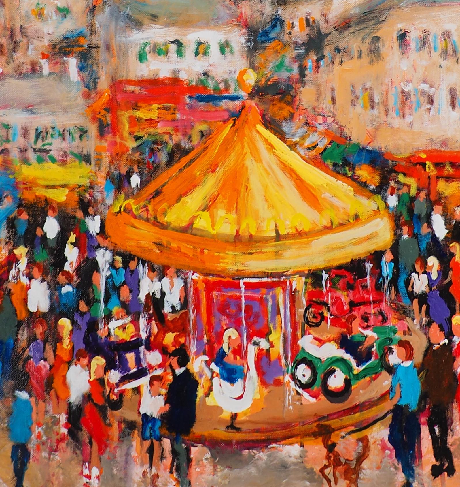 Paris : Fun Fair in Montmartre (Sacre Coeur) - Tall Oil on Canvas - Signed - Post-Impressionist Painting by Urbain Huchet