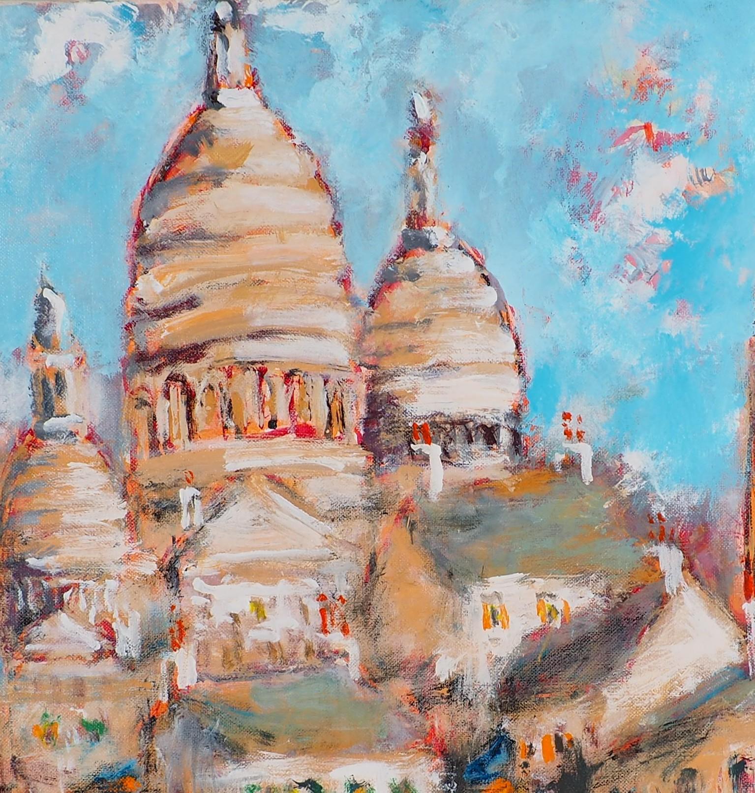 Paris : Fun Fair in Montmartre (Sacre Coeur) - Tall Oil on Canvas - Signed - Gray Landscape Painting by Urbain Huchet