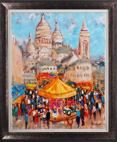 Paris : Fun Fair in Montmartre (Sacre Coeur) - Tall Oil on Canvas - Signed