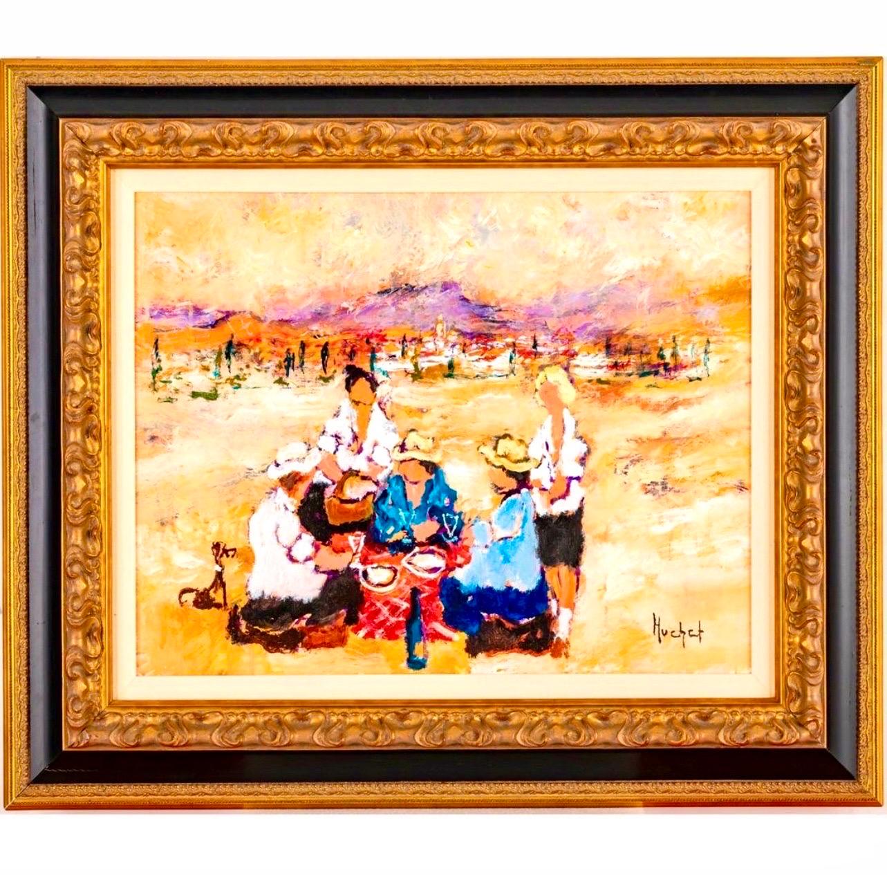 Urbain Huchet (French, 1930-2014)
La Pause De Midi,  
Acrylic on canvas, (the certificate was marked acrylic but it seems like oil to me. I am not positive)
Hand signed lower right. 
Framed dimensions: H: 30 x W: 35.25 in. Image H: 19.5 W: 25