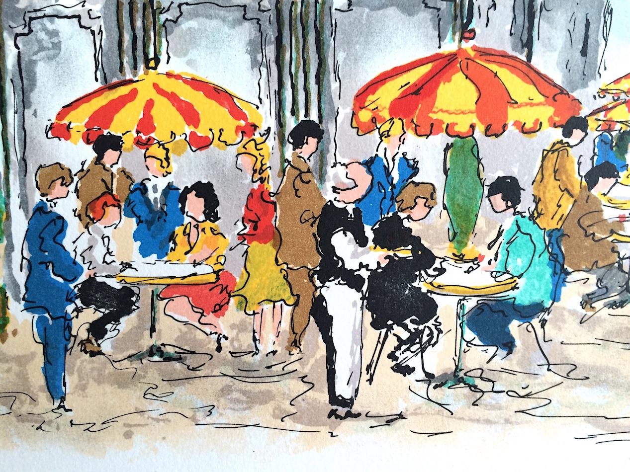 ARC DE TRIOMPHE Signed Lithograph, French Cafe Bistro Umbrella, Champs Elysees - Print by Urbain Huchet