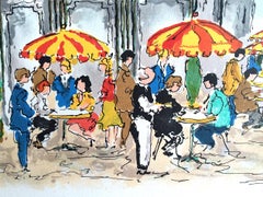 ARC DE TRIOMPHE Signed Lithograph, French Cafe Bistro Umbrella, Champs Elysees