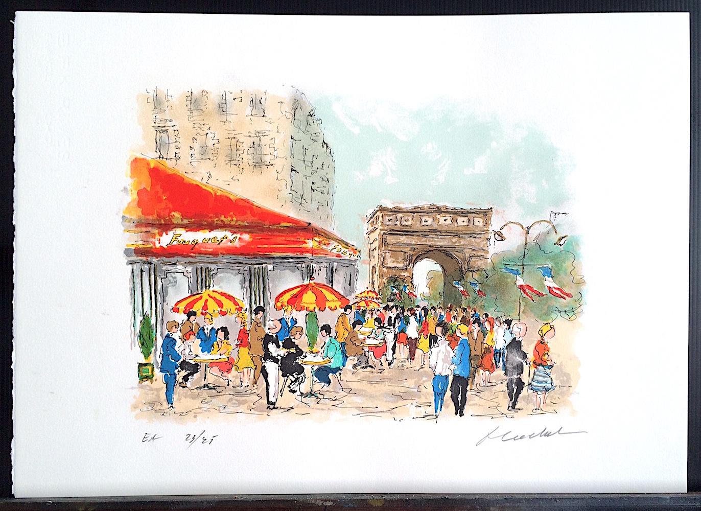 ARC DE TRIOMPHE Signed Lithograph, French Cafe Bistro Umbrella, Champs Elysees - Contemporary Print by Urbain Huchet