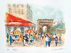 Used ARC DE TRIOMPHE Signed Lithograph, French Cafe Bistro Umbrella, Champs Elysees