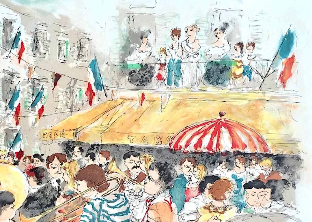 DÍA DE LA BASTILLA PARÍS Litografía firmada, Celebración callejera francesa, Banda de música - Landscape Print Beige de Urbain Huchet