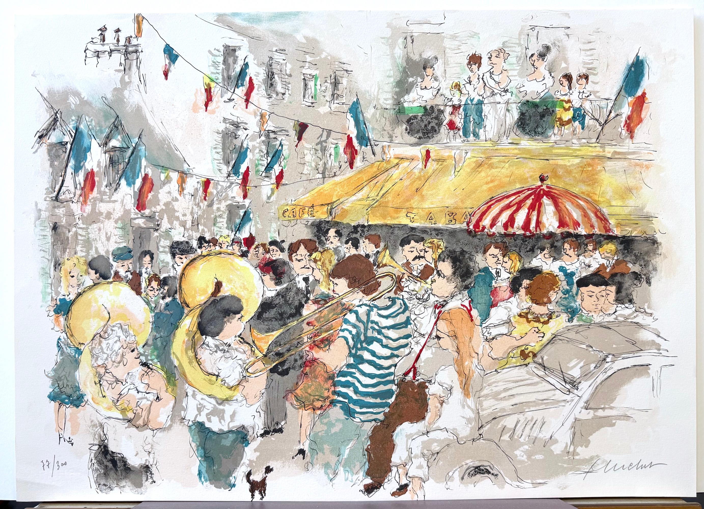 Lithographie signée BASTILLE DAY PARIS, célébration de la rue française, bandeau en laiton en vente 3