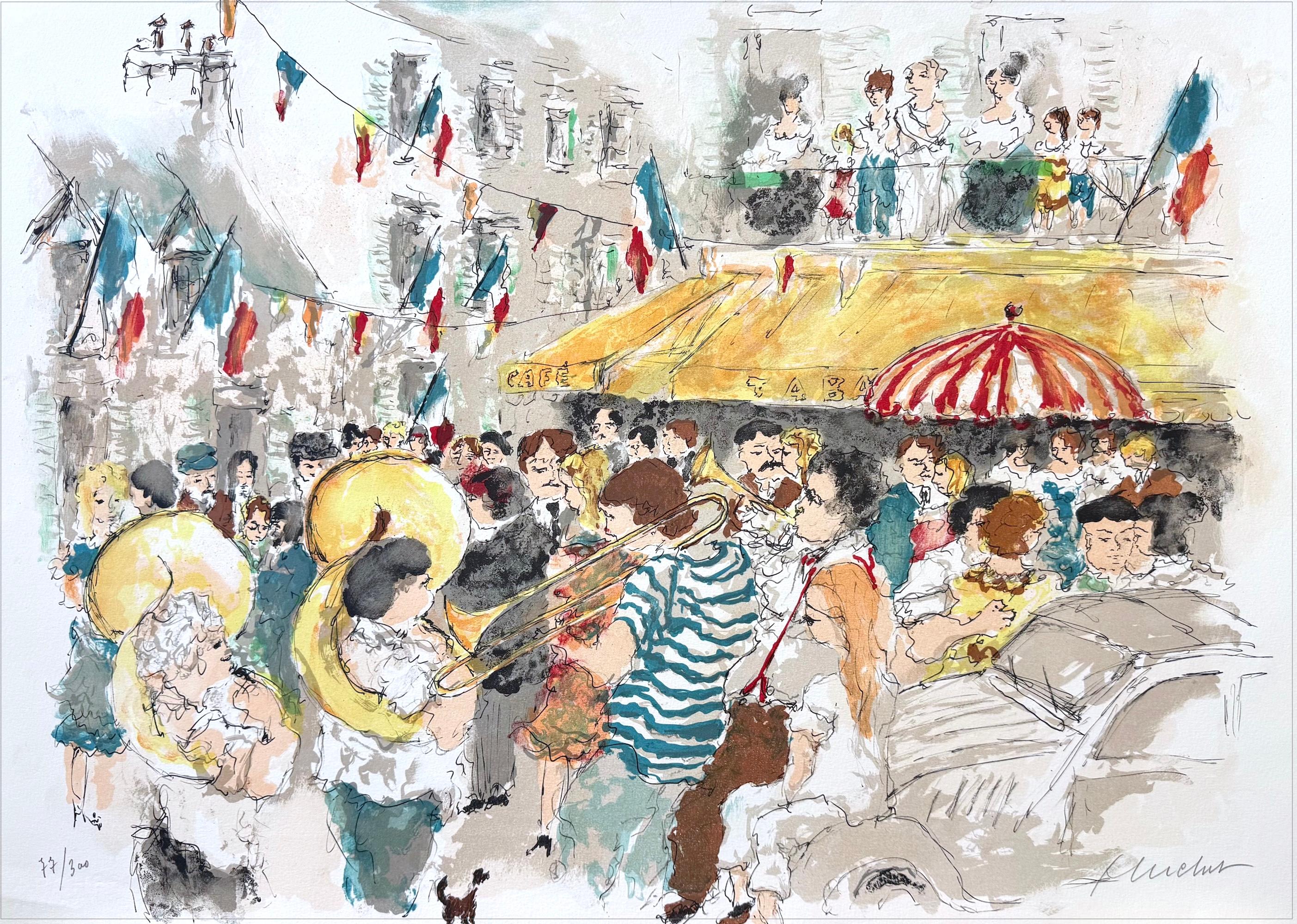 BASTILLE DAY PARIS Signierte Lithographie, Französische Street Celebration, Messingband
