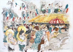 Lithographie signée BASTILLE DAY PARIS, célébration de la rue française, bandeau en laiton