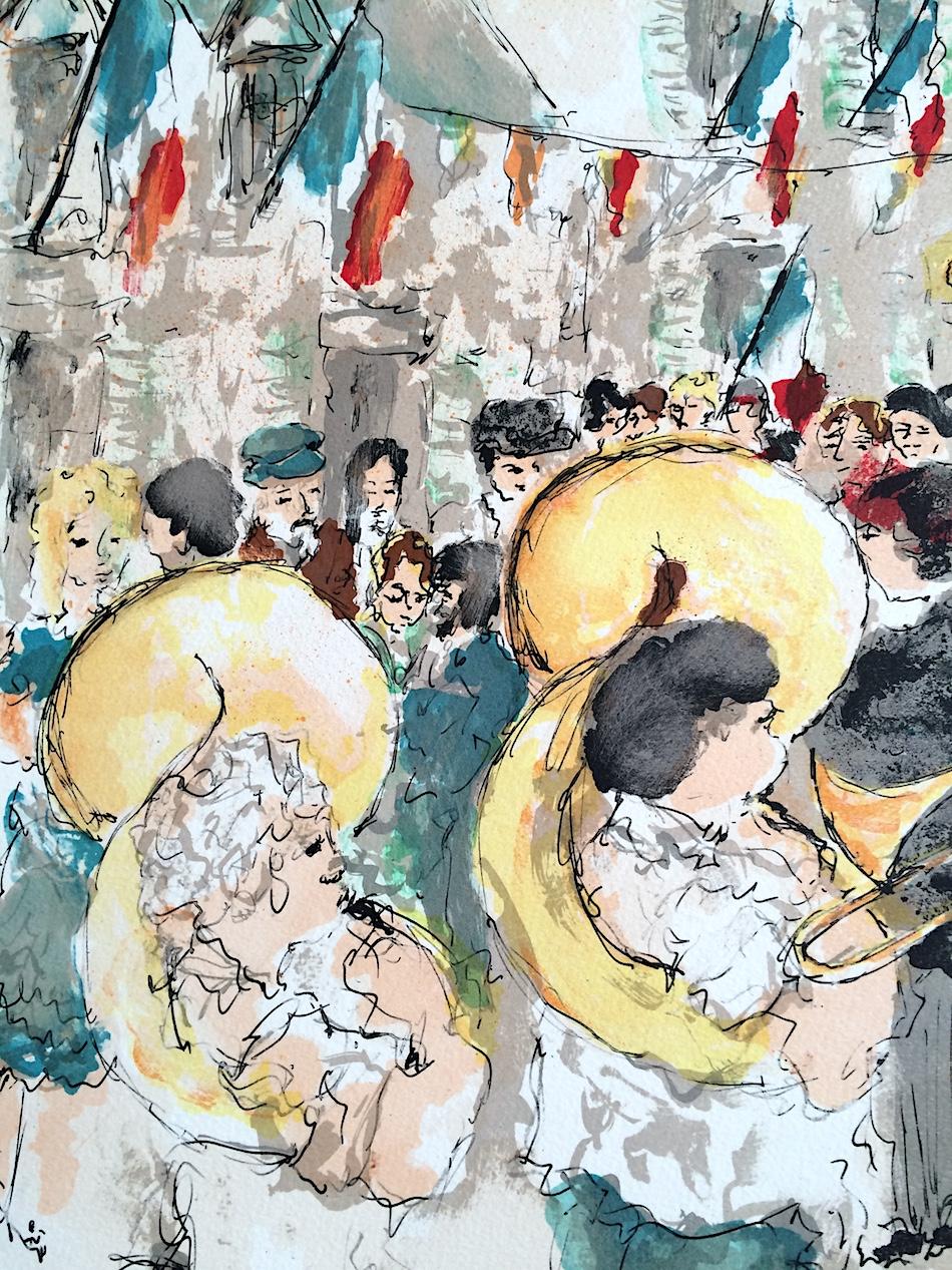 BASTILLE DAY PARIS Signed Lithograph, French Street Celebration, Brass Band  - Print by Urbain Huchet