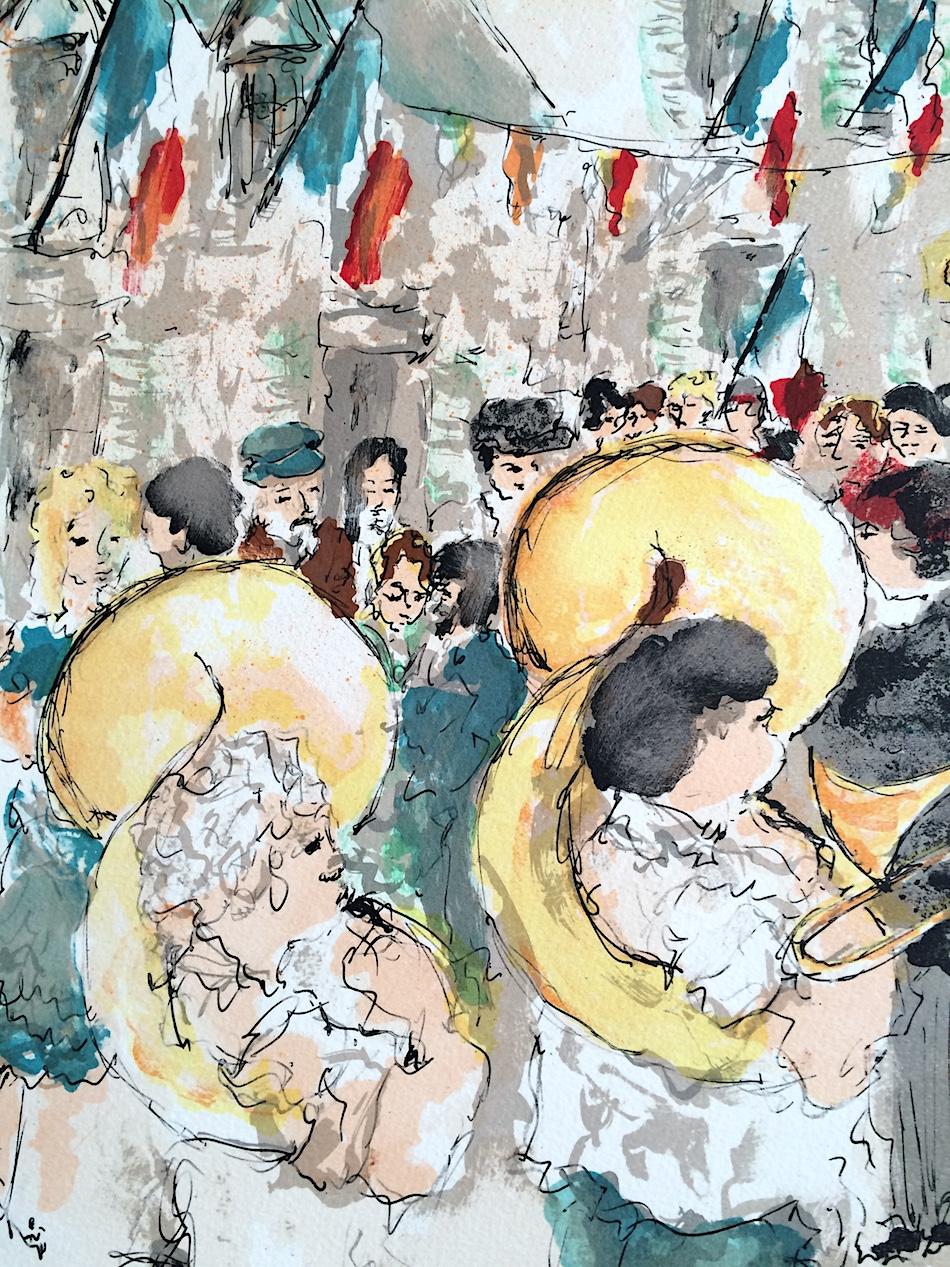DÍA DE LA BASTILLA PARÍS Litografía firmada, Celebración callejera francesa, Banda de música - Print de Urbain Huchet