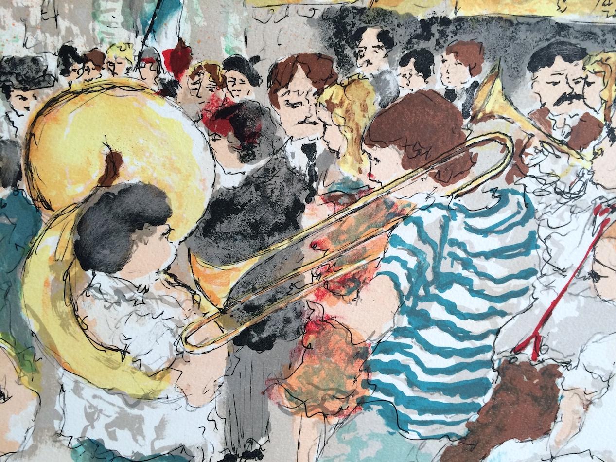 DÍA DE LA BASTILLA PARÍS Litografía firmada, Celebración callejera francesa, Banda de música - Print Contemporáneo de Urbain Huchet