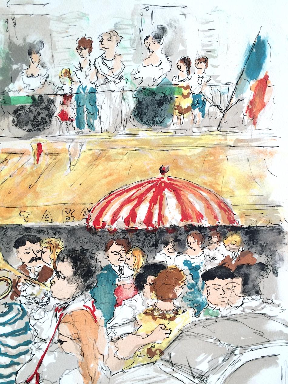 Lithographie signée BASTILLE DAY PARIS, célébration de rue française, bandeau en laiton  - Contemporain Print par Urbain Huchet