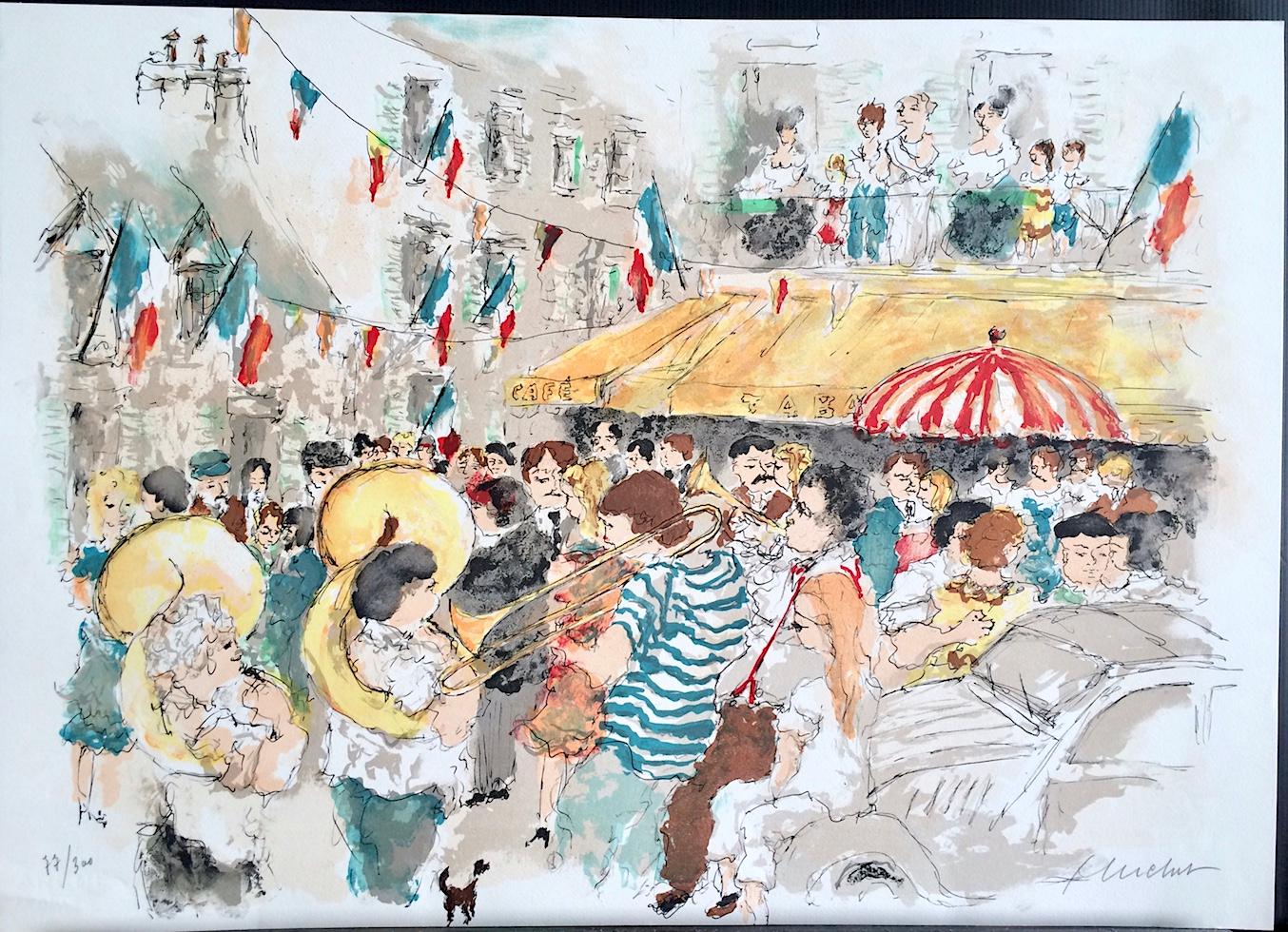 Lithographie signée BASTILLE DAY PARIS, célébration de rue française, bandeau en laiton  en vente 1