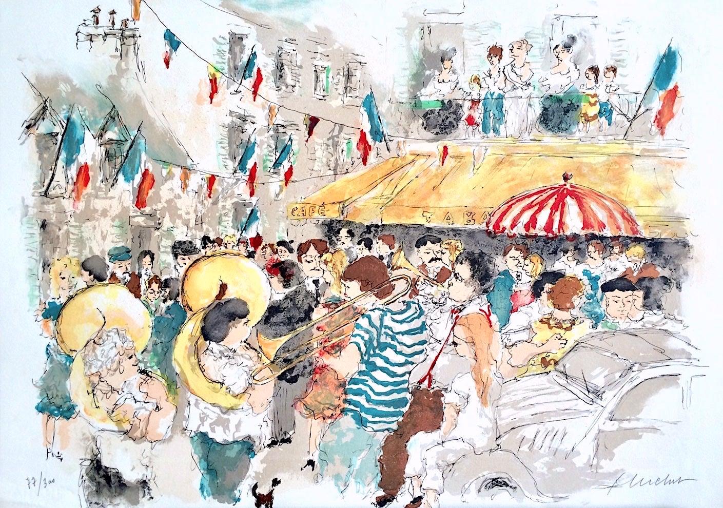 BASTILLE DAY PARIS Signed Lithograph, French Street Celebration, Brass Band 