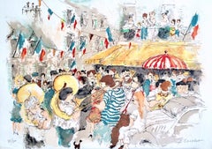 Retro BASTILLE DAY PARIS Signed Lithograph, French Street Celebration, Brass Band 