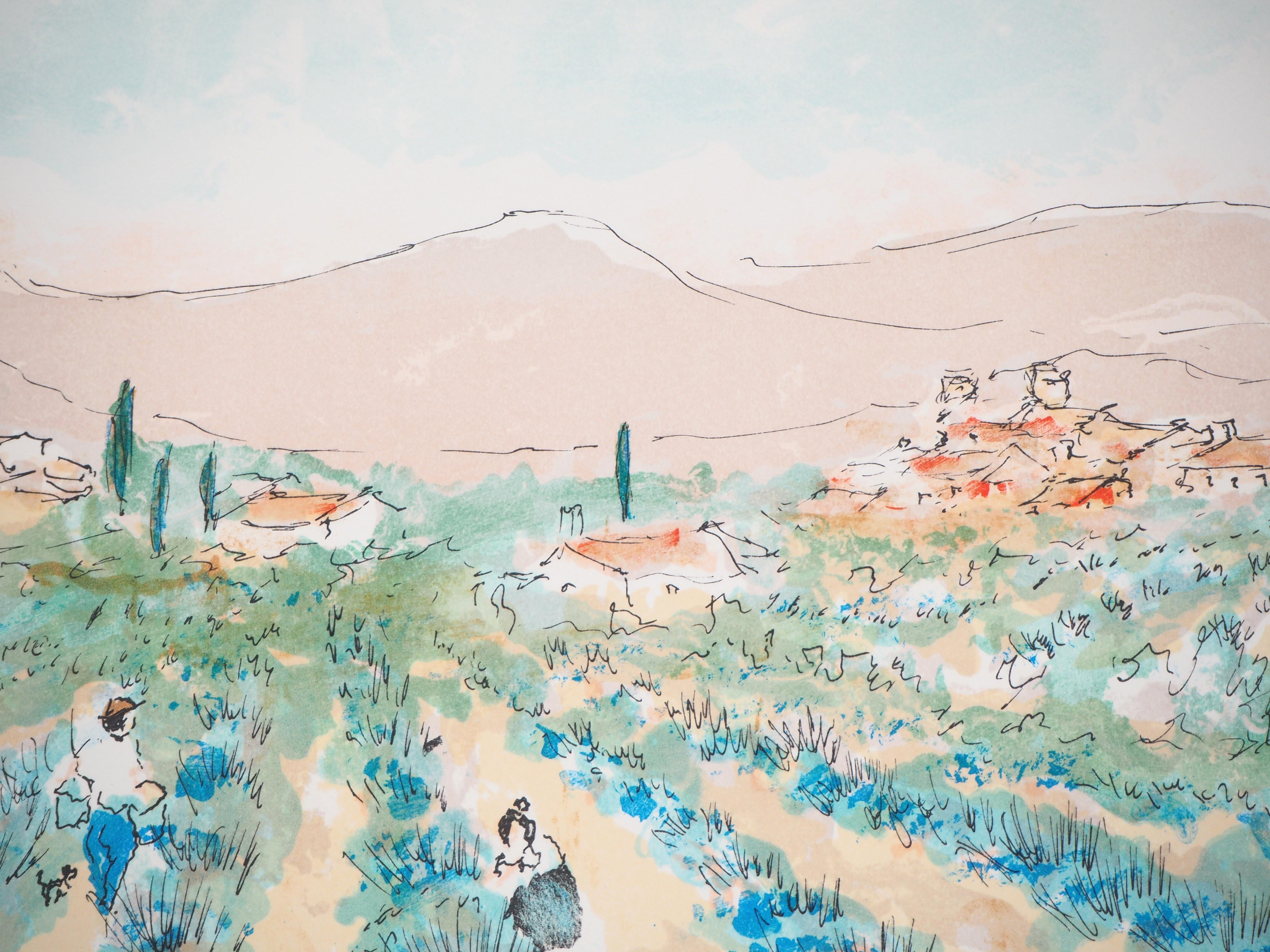 Campos de lavanda en la Provenza - Litografía original firmada - Print de Urbain Huchet