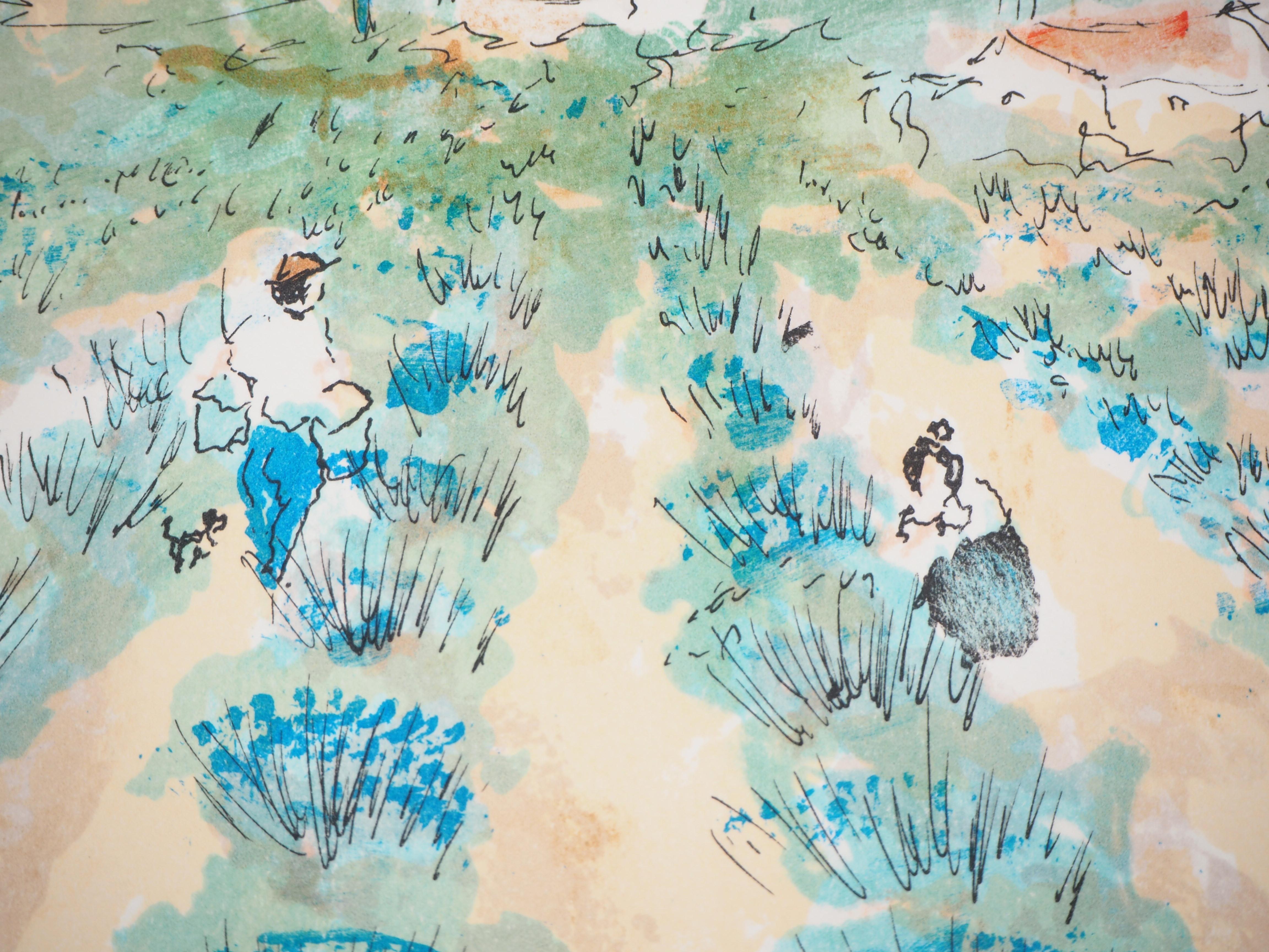 Lavender Fields in Provence - Signed Original Lithograph - Gray Landscape Print by Urbain Huchet