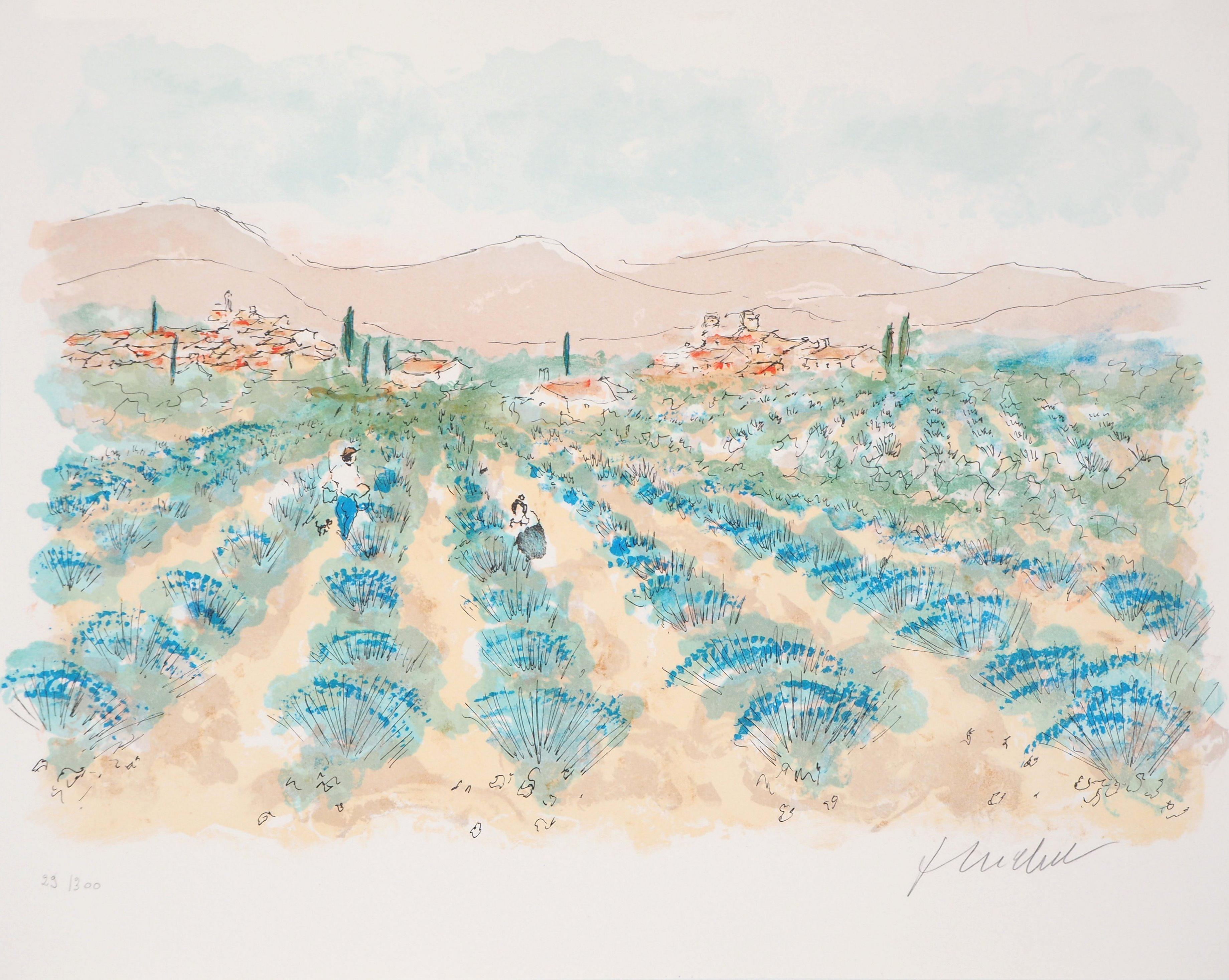 Urbain Huchet Landscape Print - Lavender Fields in Provence - Signed Original Lithograph