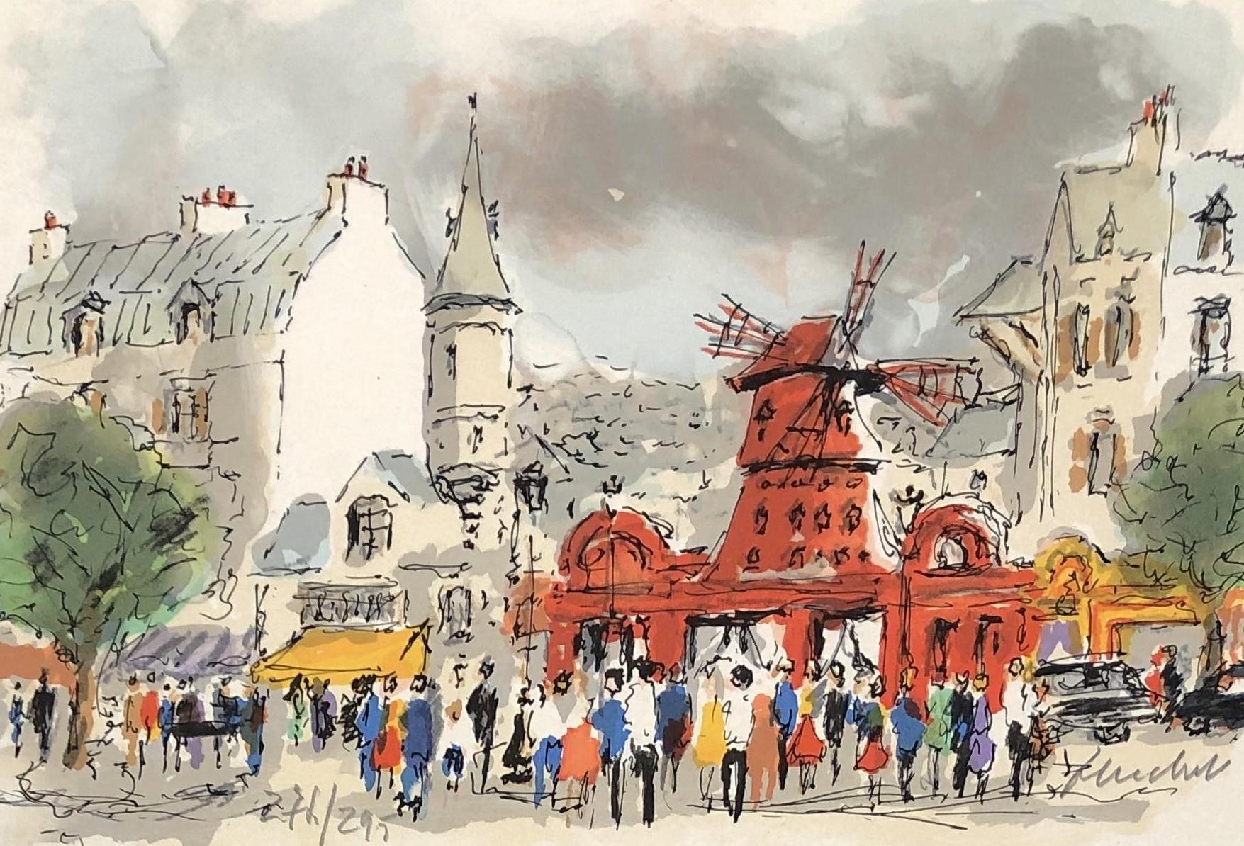 Montmartre : Le Moulin Rouge - Lithographie originale, signée à la main et numérotée - Print de Urbain Huchet
