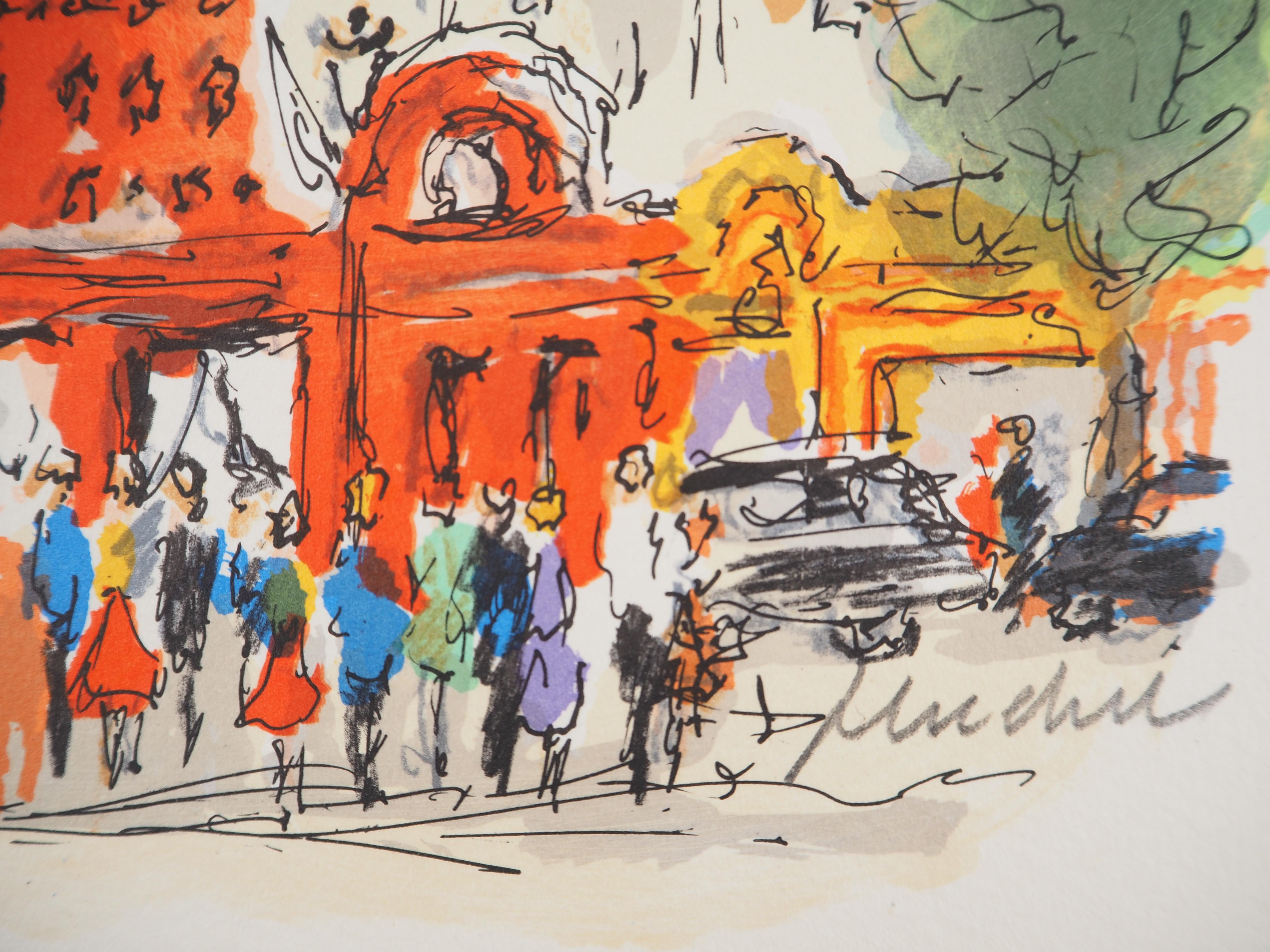 Montmartre : Le Moulin Rouge - Litografía original, firmada a mano y numerada - Print de Urbain Huchet