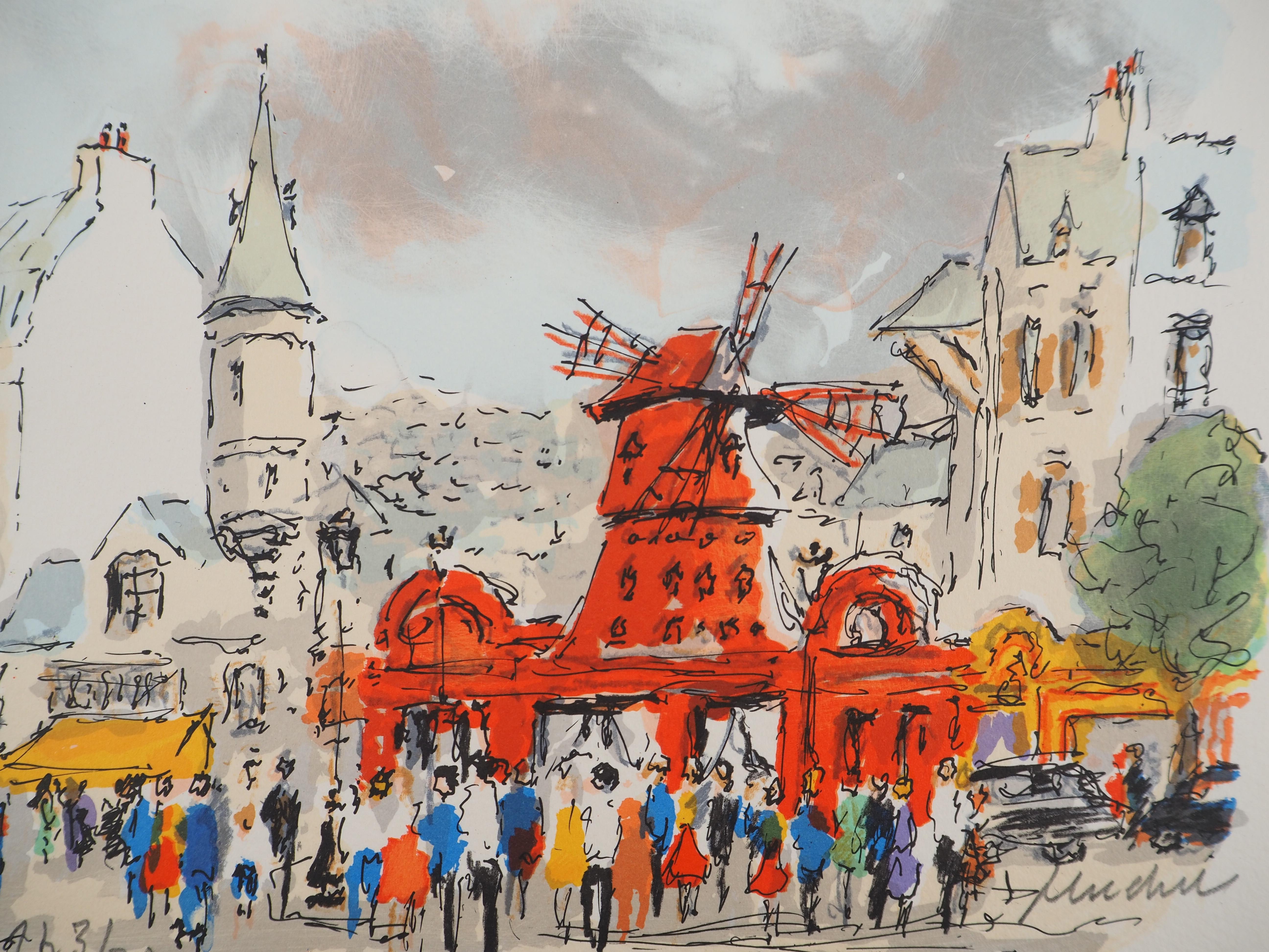 Montmartre : Le Moulin Rouge - Litografía original, firmada a mano y numerada - Print Moderno de Urbain Huchet