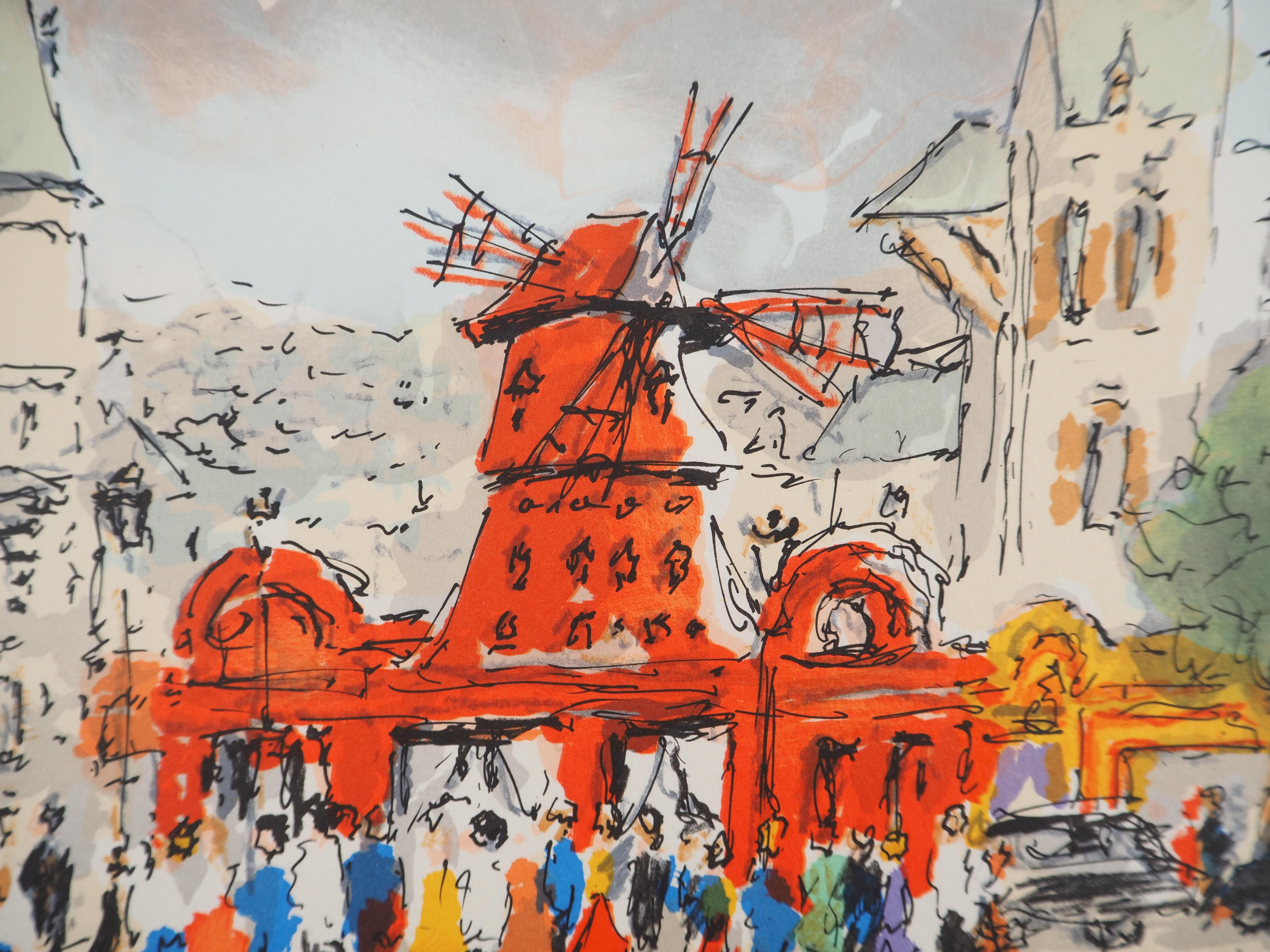Montmartre : Le Moulin Rouge - Litografía original, firmada a mano y numerada - Landscape Print Gris de Urbain Huchet
