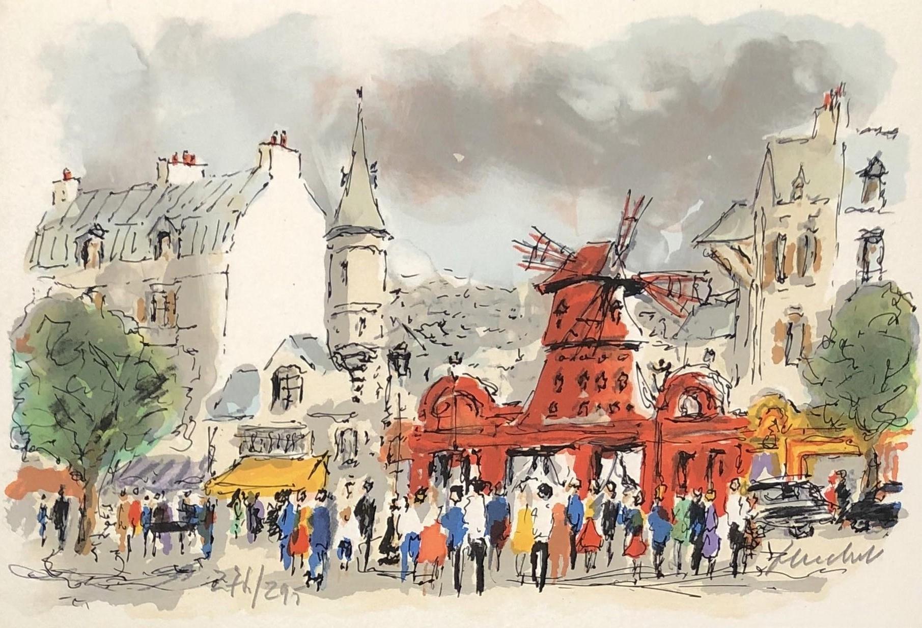 Landscape Print Urbain Huchet - Montmartre : Le Moulin Rouge - Lithographie originale, signée à la main et numérotée