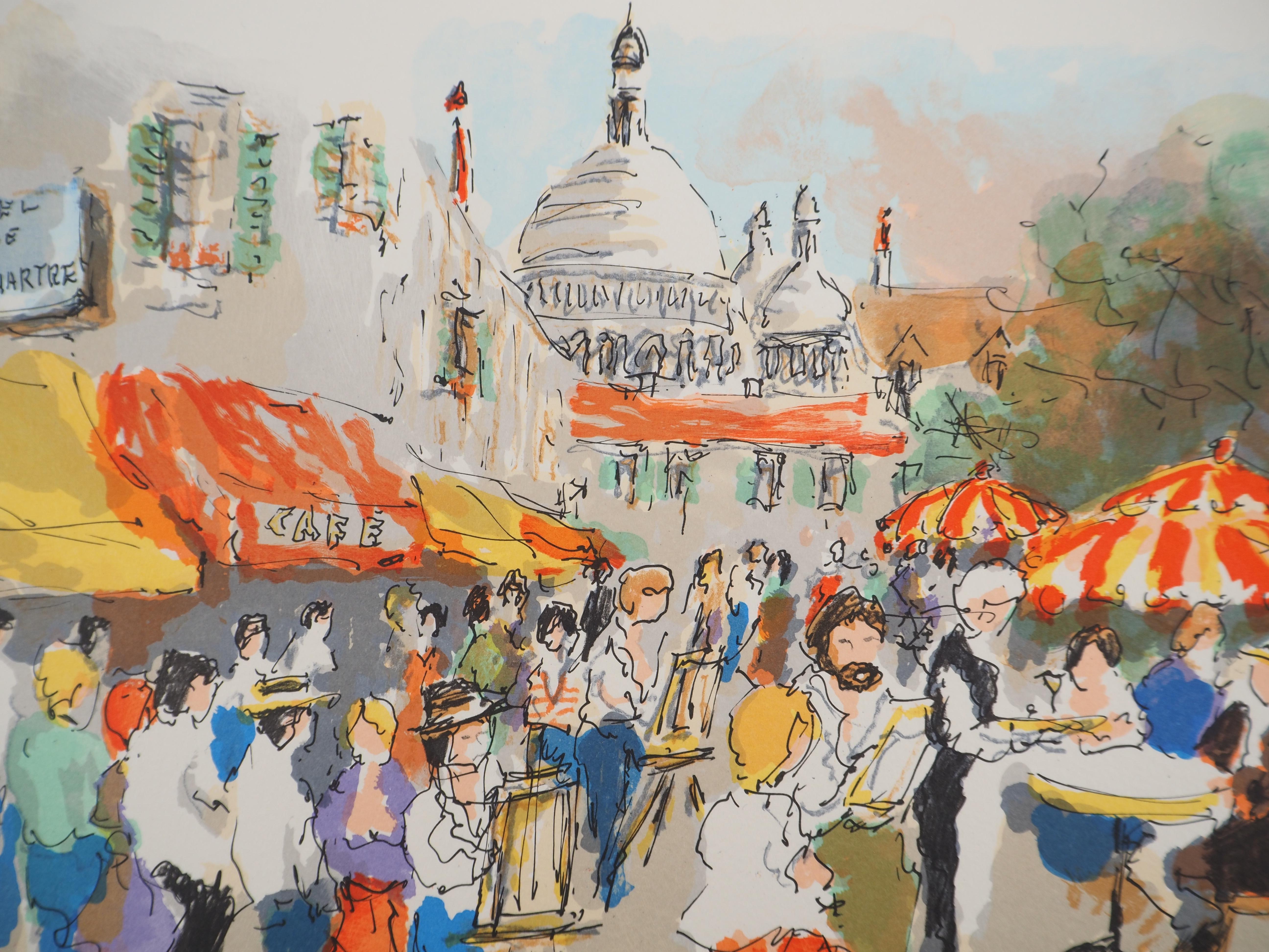 Montmartre : Place du Tertre y Sacre Coeur - Litografía original firmada a mano - Print Moderno de Urbain Huchet