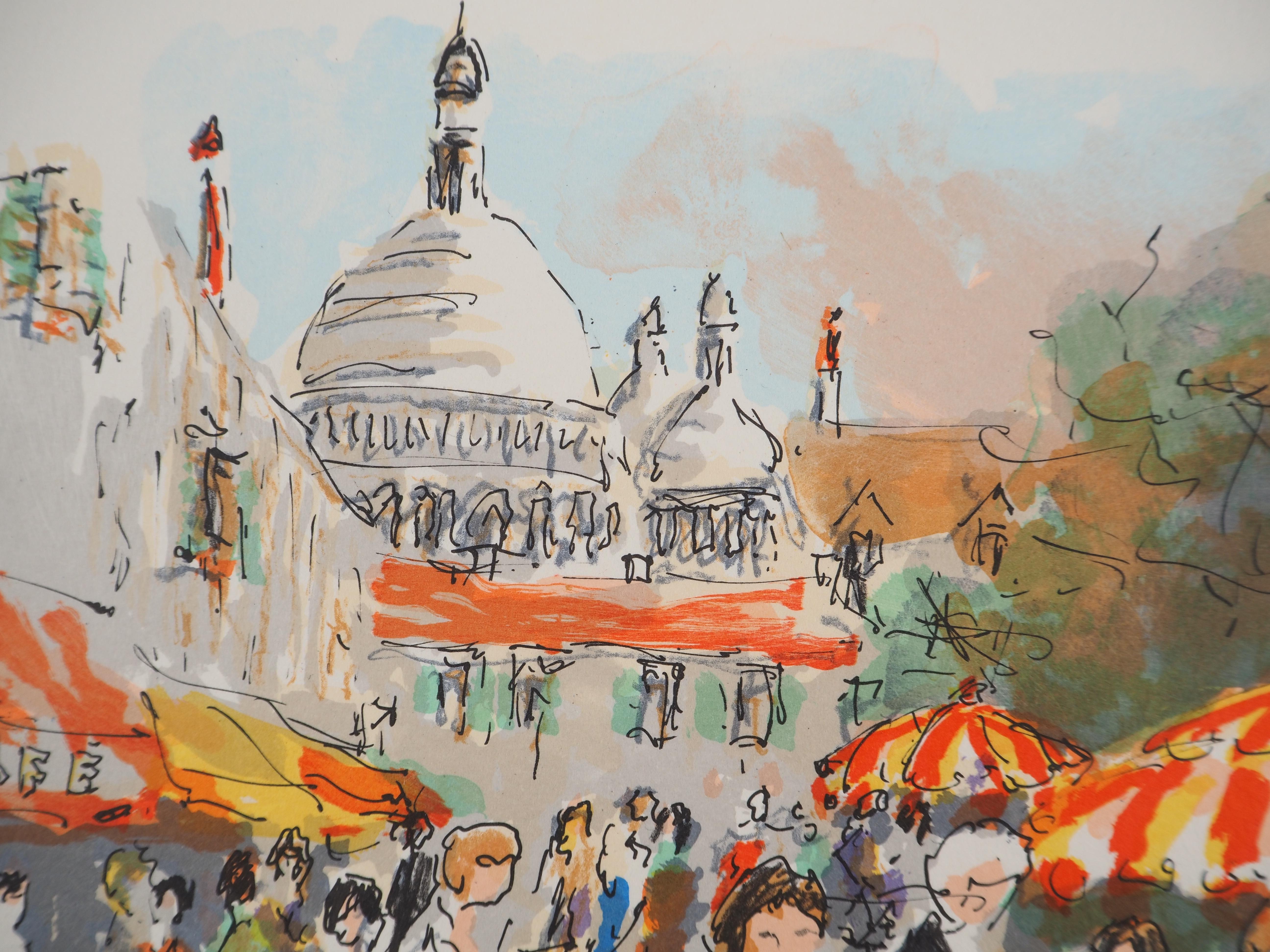Montmartre : Place du Tertre y Sacre Coeur - Litografía original firmada a mano - Landscape Print Beige de Urbain Huchet