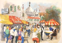 Lithographie originale de Montmartre : Place du Tertre et Sacre Coeur, signée à la main 