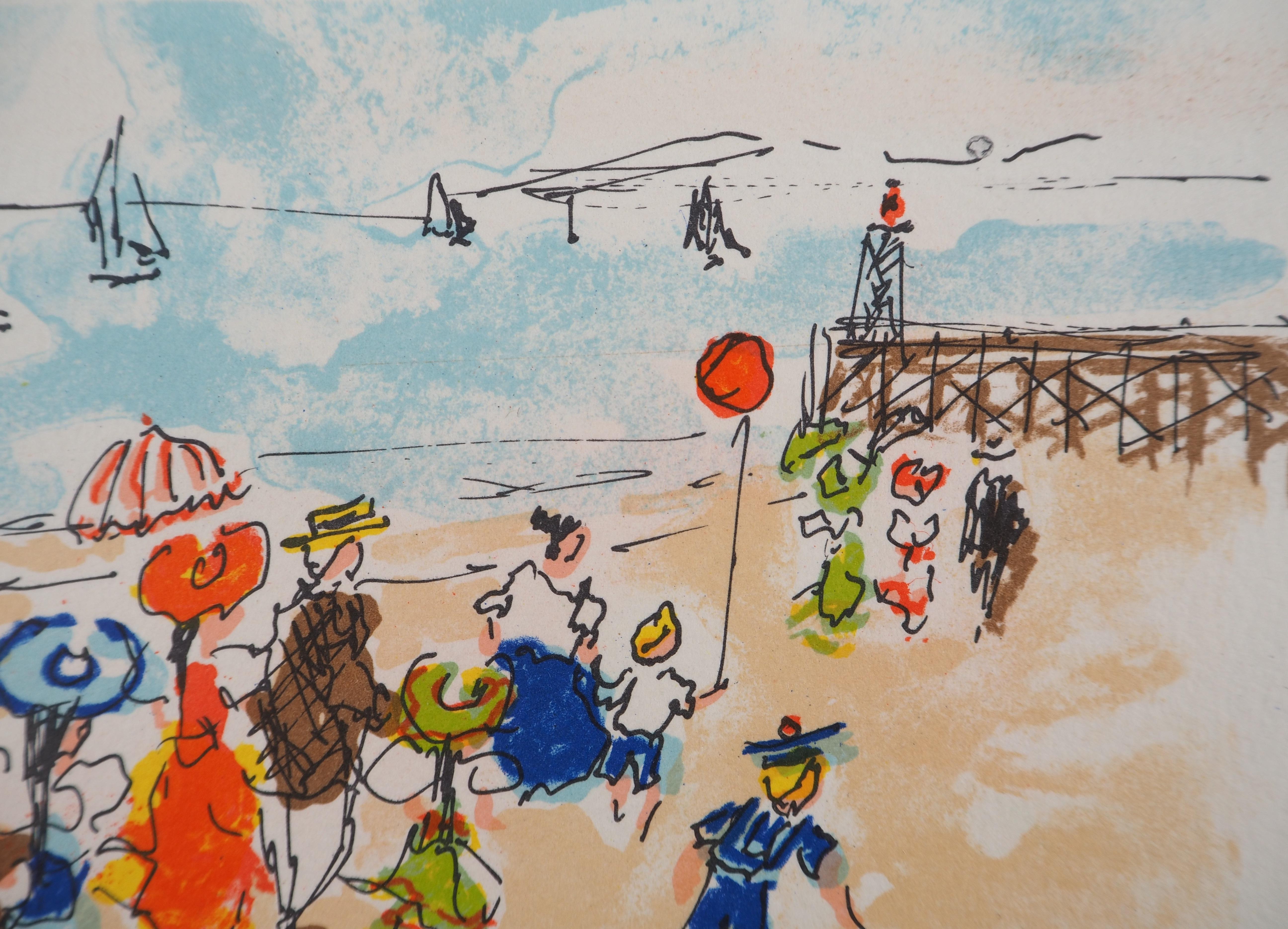 Normandia: spiaggia di Deauville - litografia originale firmata e numerata - Print Postimpressionismo di Urbain Huchet