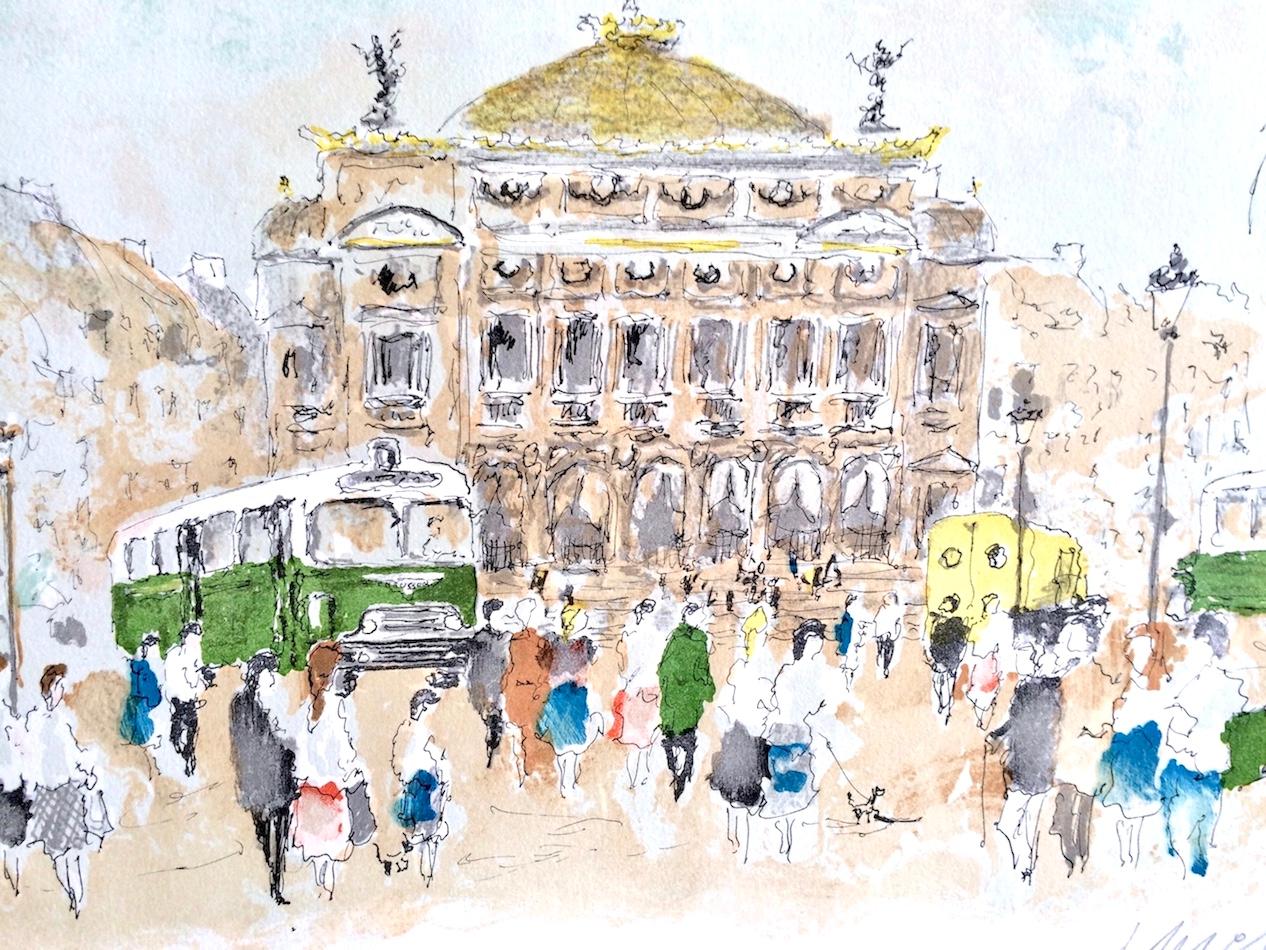 PARIS OPERA HOUSE Signed Lithograph, Iconic French Architecture, Green Bus Paris - Print by Urbain Huchet