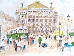Lithographie de l'Opéra de Paris signée, architecture française emblématique, Bus vert Paris