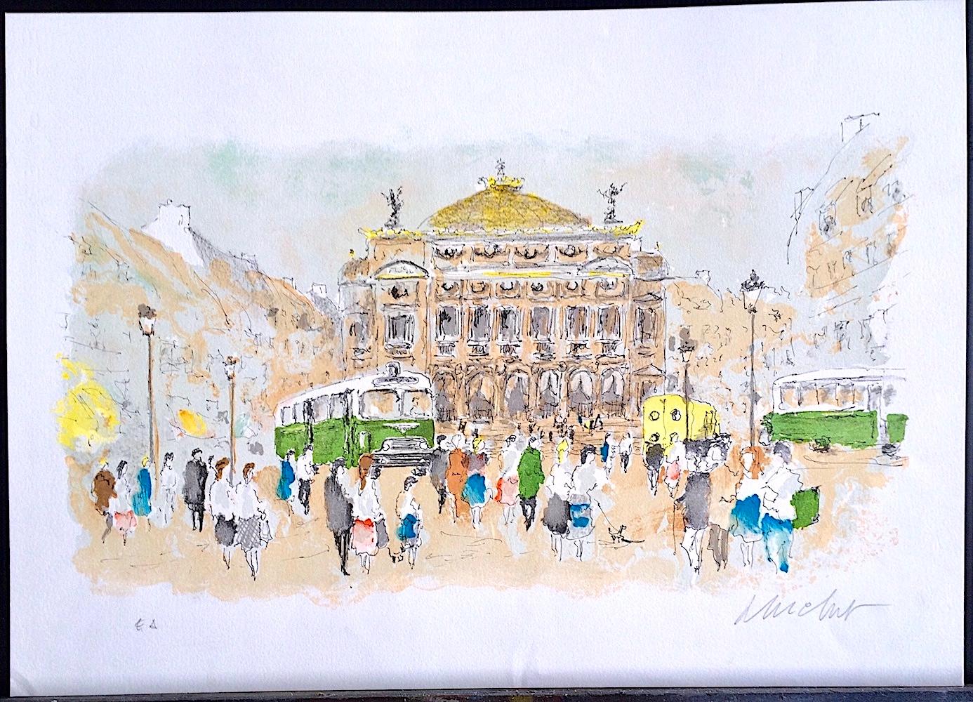 PARIS OPERA HOUSE Signed Lithograph, Iconic French Architecture, Green Bus Paris - Contemporary Print by Urbain Huchet