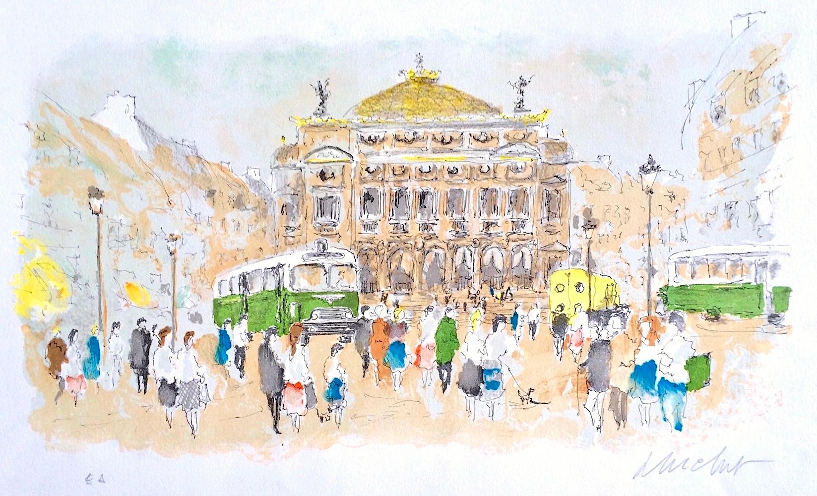 PARIS OPERA HOUSE Signed Lithograph, Iconic French Architecture, Green Bus Paris