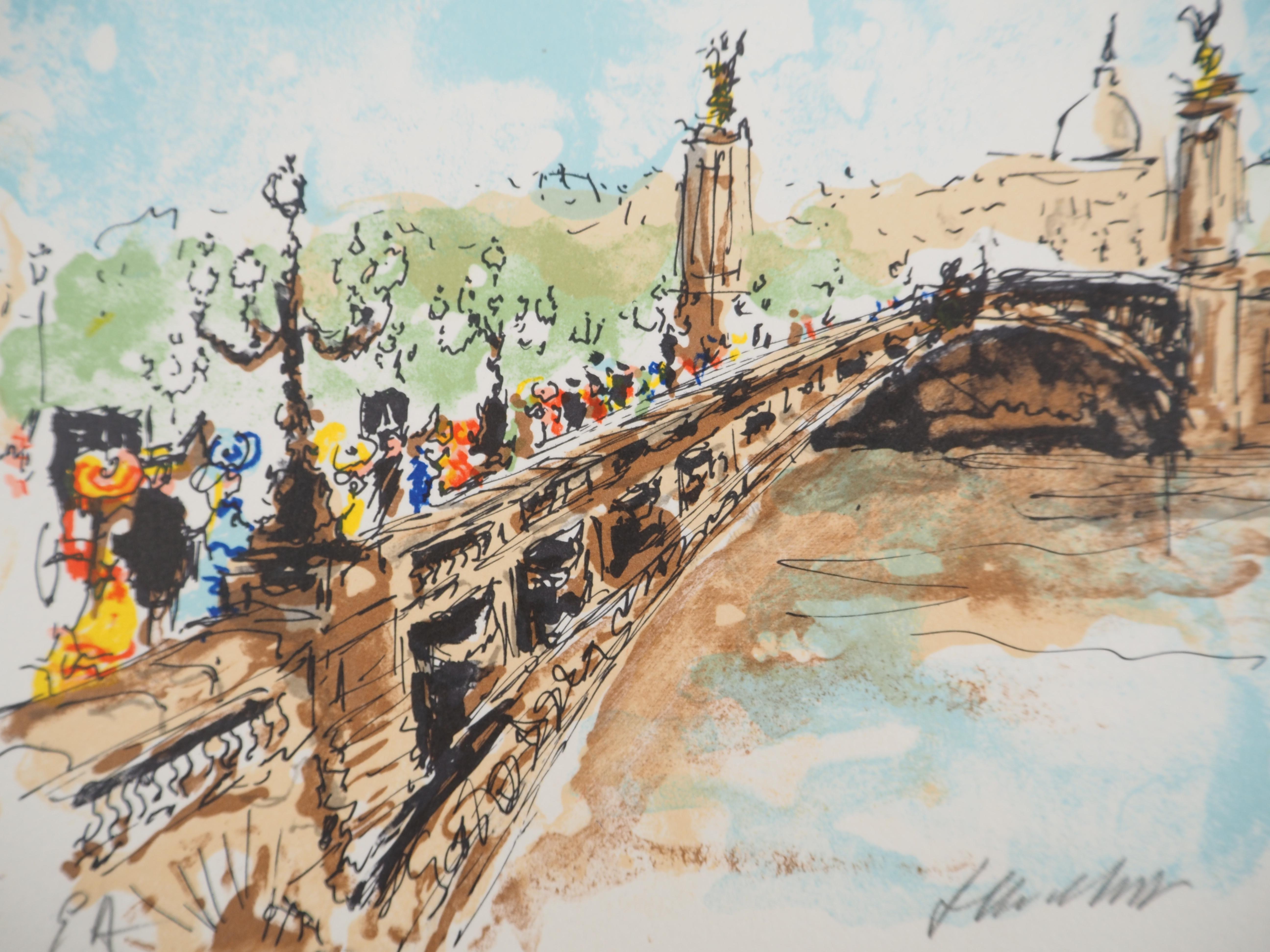 París : Puente Alexandre III - Litografía original firmada a mano y numerada - Print de Urbain Huchet